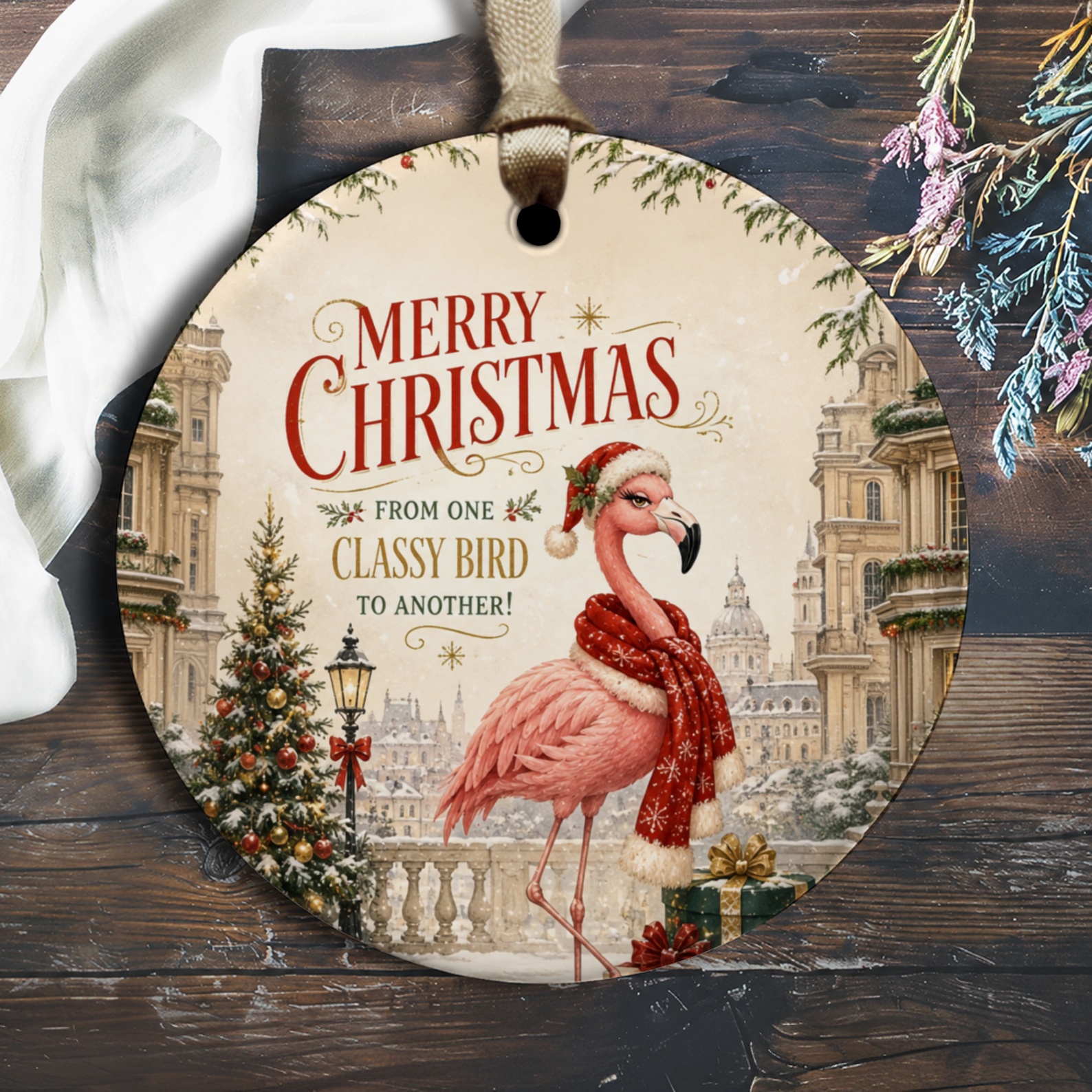 Merry Christmas From One Classy Bird To Another! Flamingo Ornament Christmas Decor Holiday Gift Cute Bird Lover O2586