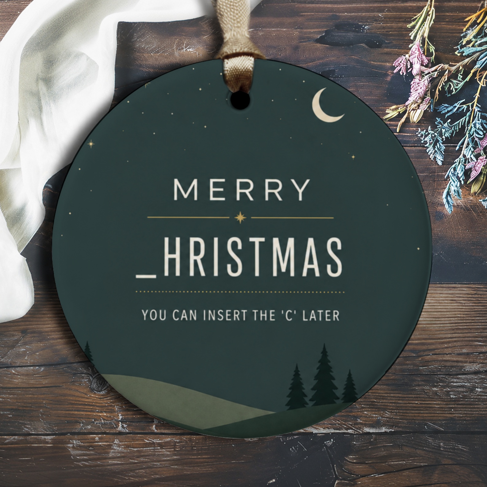 Merry _hristmas You Can Insert The 'c' Later Funny Christmas Ornament Holiday Decor Moon Trees O2593