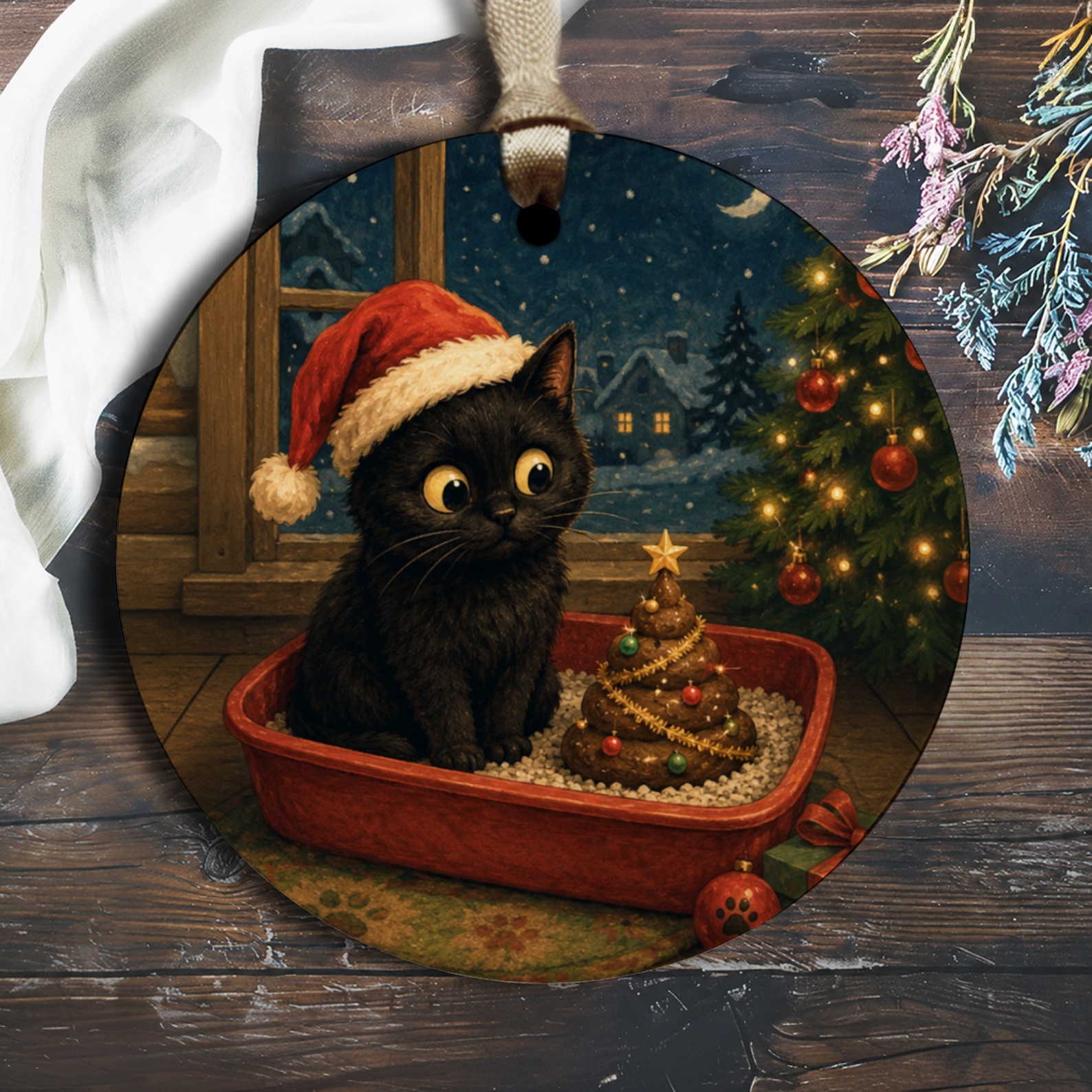 Black Cat With Santa Hat Christmas Ornament Cute Holiday Decor For Cat Lovers Festive Tree Decoration Winter Home Accent O2596