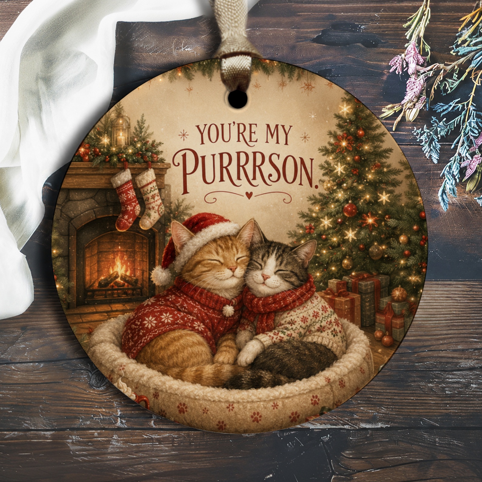 You're My Purrrson. Cat Christmas Ornament Cute Holiday Decor Cozy Cats Fireplace Festive Tree Gift For Cat Lover O2604