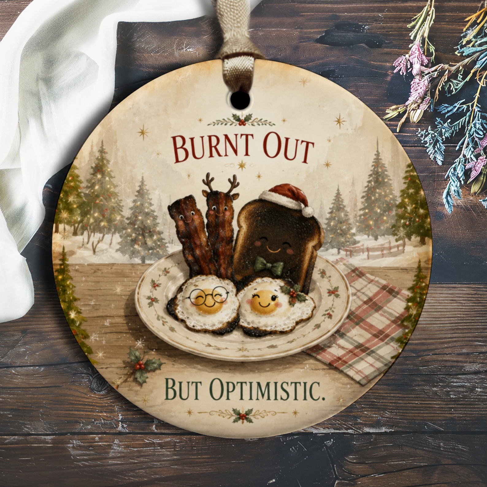 Burnt Out But Optimistic Christmas Ornament Cute Breakfast Characters Holiday Decor Funny Gift Idea O2607