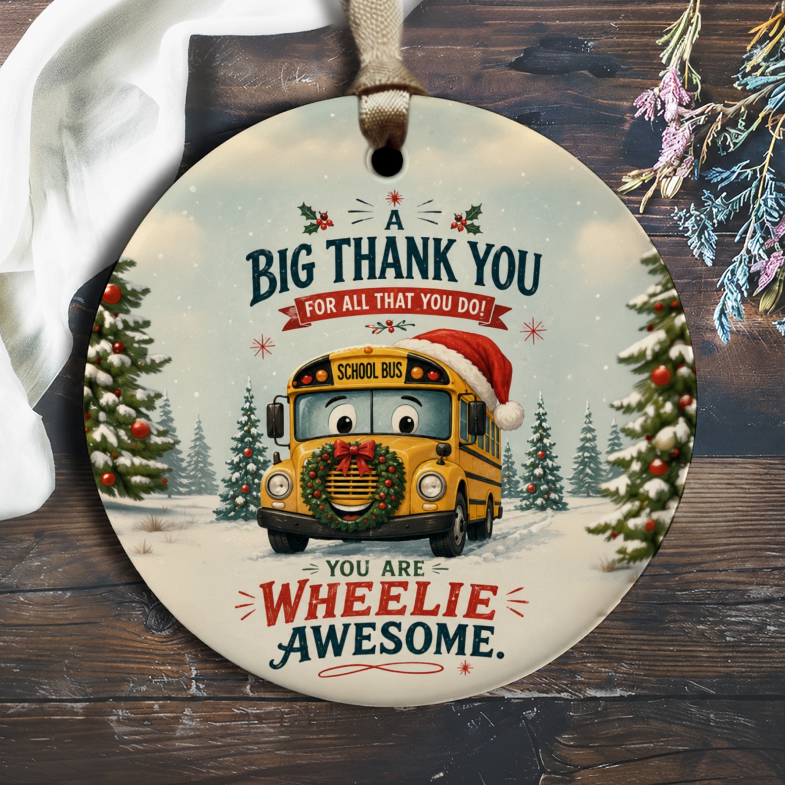 A Big Thank You For All That You Do! You Are Wheelie Awesome. Christmas Ornament School Bus Teacher Gift Holiday Decor O2613