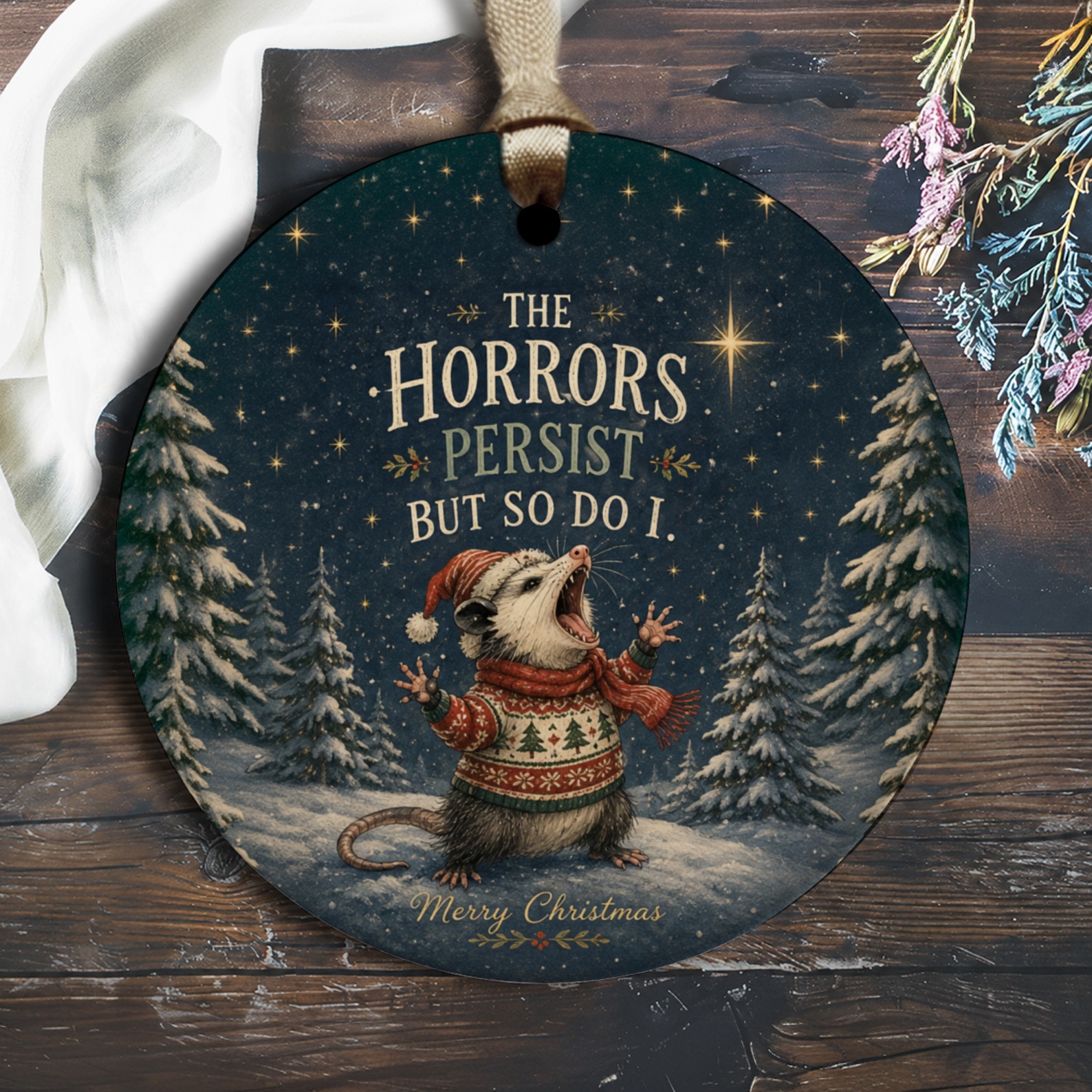 The Horrors Persist But So Do I. Merry Christmas Ornament Funny Possum Winter Holiday Decor Cute Animal Christmas Gift O2618