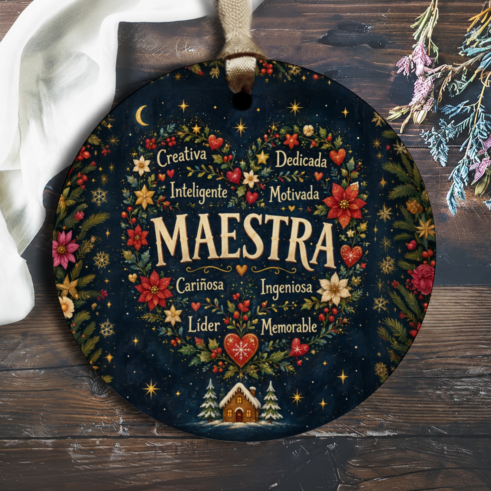 Creativa Dedicada Inteligente Motivada Maestra Ornament Teacher Appreciation Gift Floral Heart Christmas Decor O2631