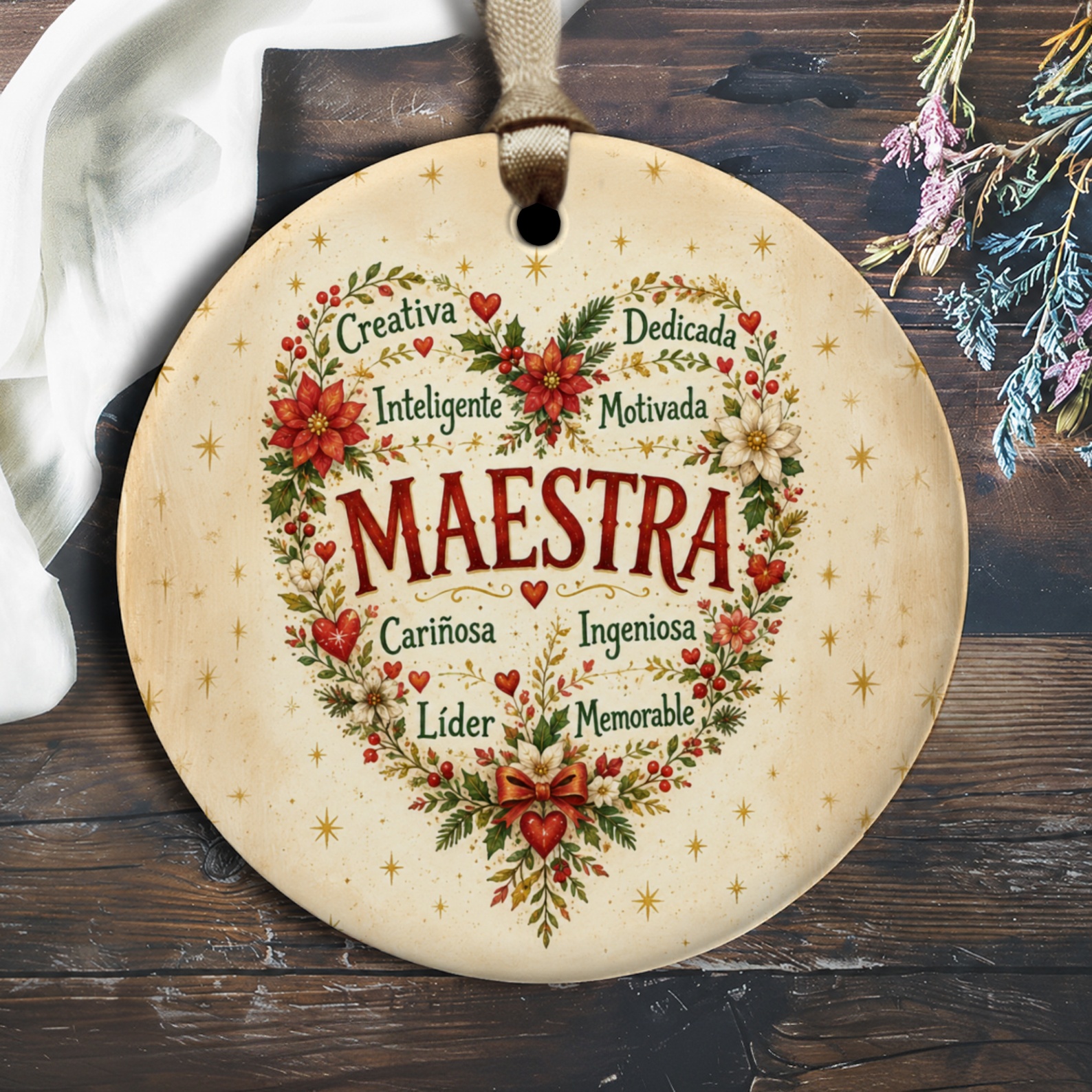 Creativa Dedicada Inteligente Motivada Maestra Ornament Teacher Appreciation Gift Floral Heart Christmas Ornament O2632