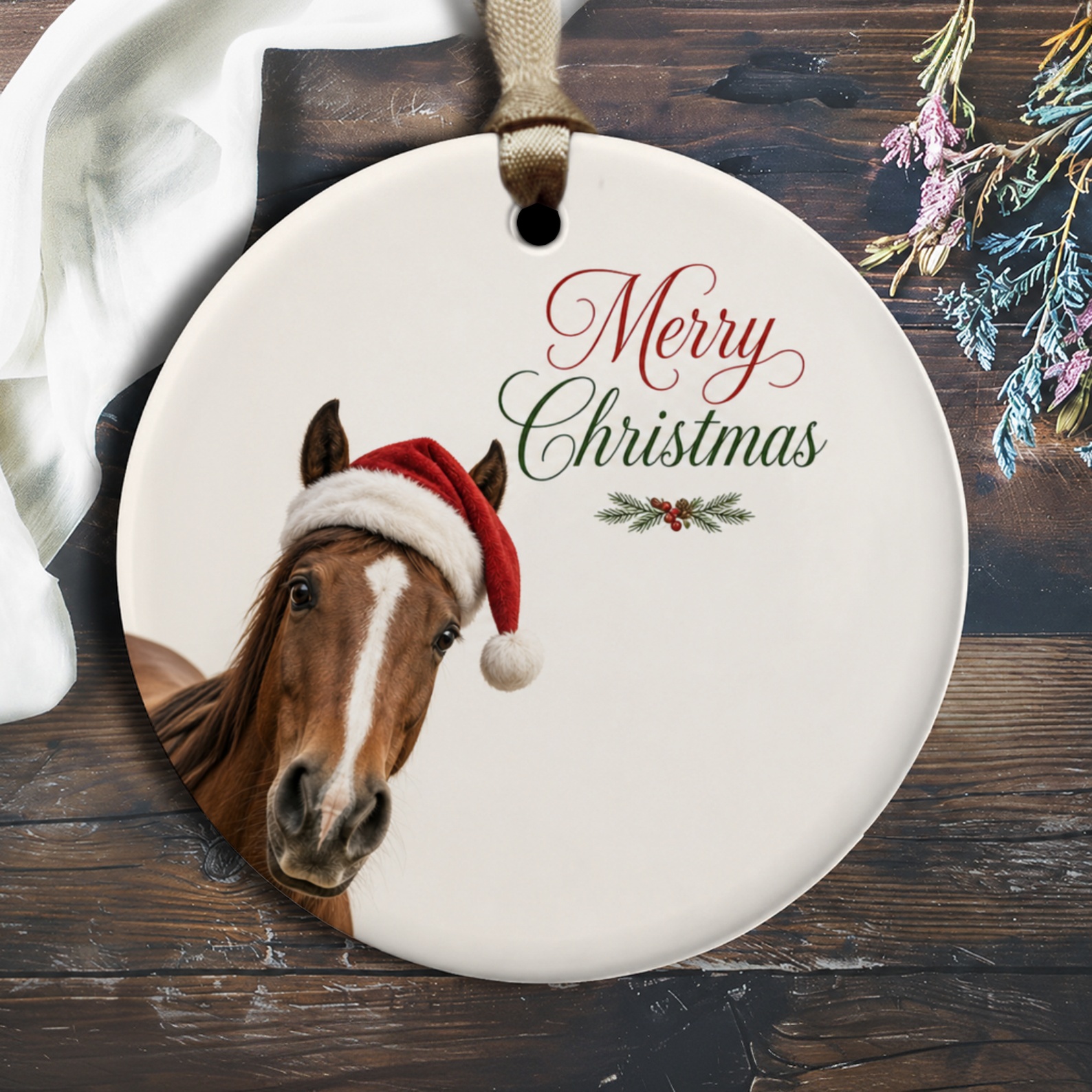 Merry Christmas Horse Ornament Cute Holiday Decor Santa Hat Animal Lover Gift Rustic Farmhouse Christmas Tree Decoration O2633