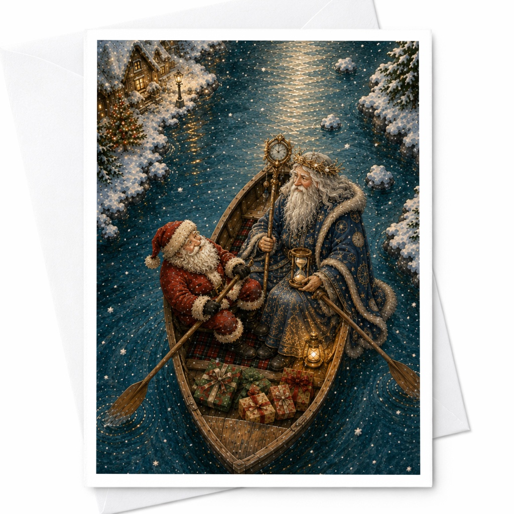 Santa And Father Time Christmas Card Festive Holiday Greeting Card Winter Scene For Family Friends Seasonal Celebration C6923