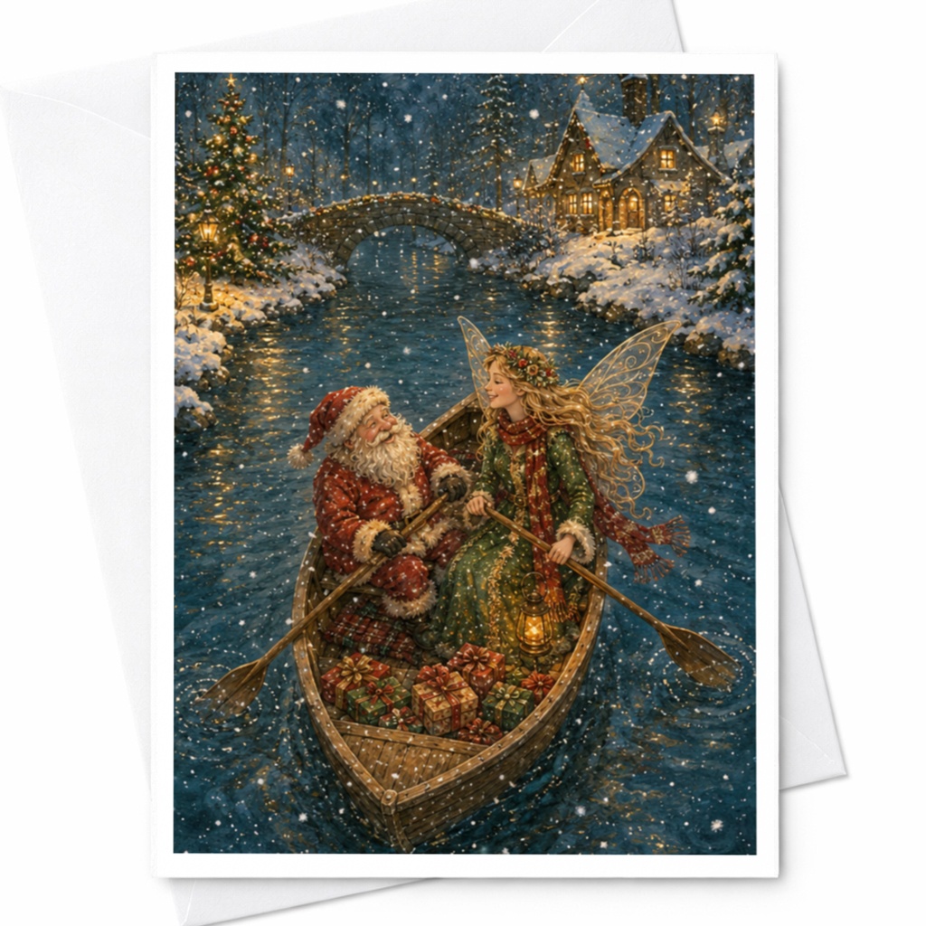 Santa And Fairy Christmas Card Winter Wonderland Scene Holiday Greeting Card For Family Magical Festive Art Card C6925