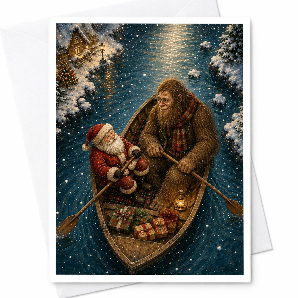 Santa And Bigfoot Christmas Card Festive Holiday Greeting Card Winter Scene Cute Illustration For Him Her Family C6926