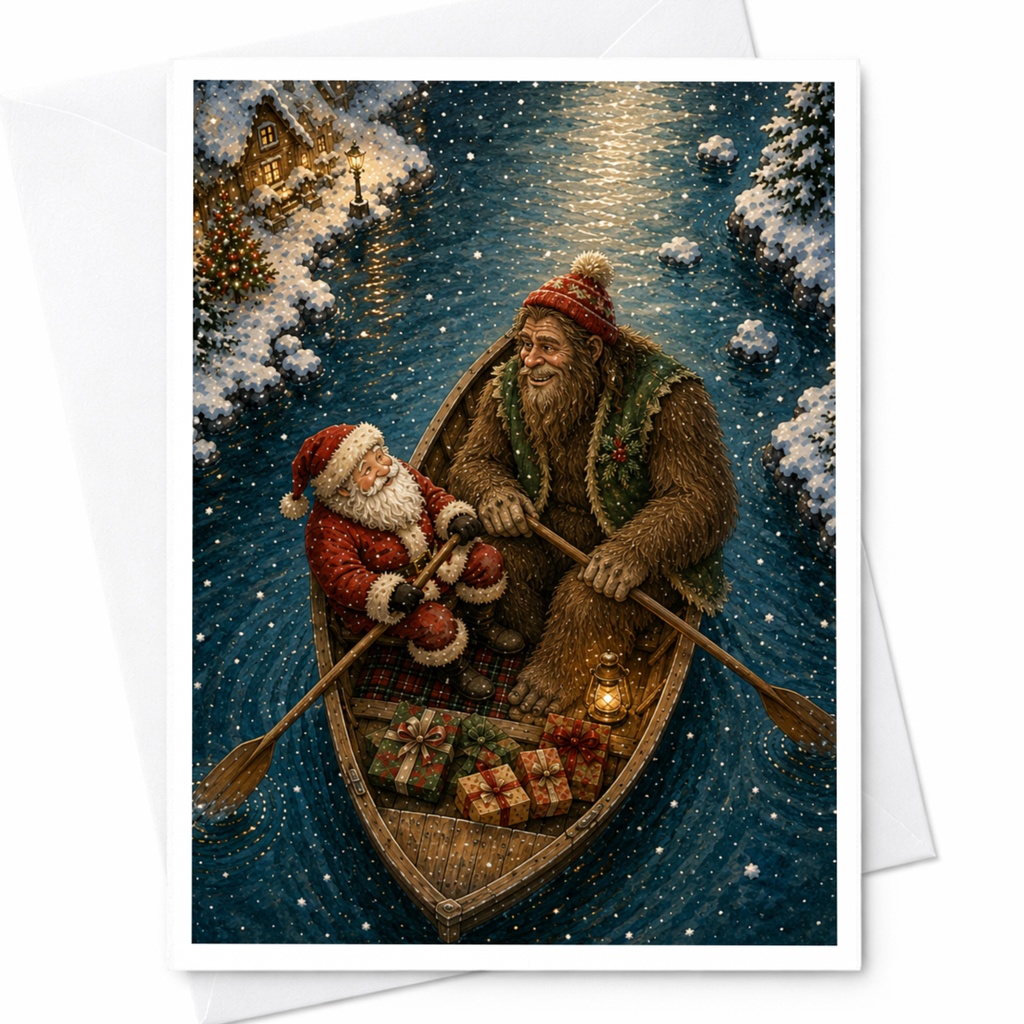 Santa And Bigfoot Christmas Card Festive Holiday Greeting Card Cute Winter Scene For Him Her Family Friends C6927