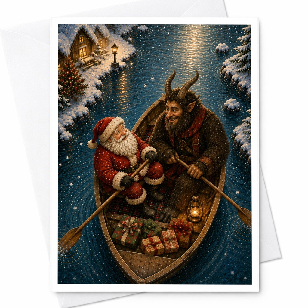 Santa And Krampus Christmas Card Festive Holiday Greeting Card Winter Scene For Christmas Lovers Unique Seasonal Card C6936