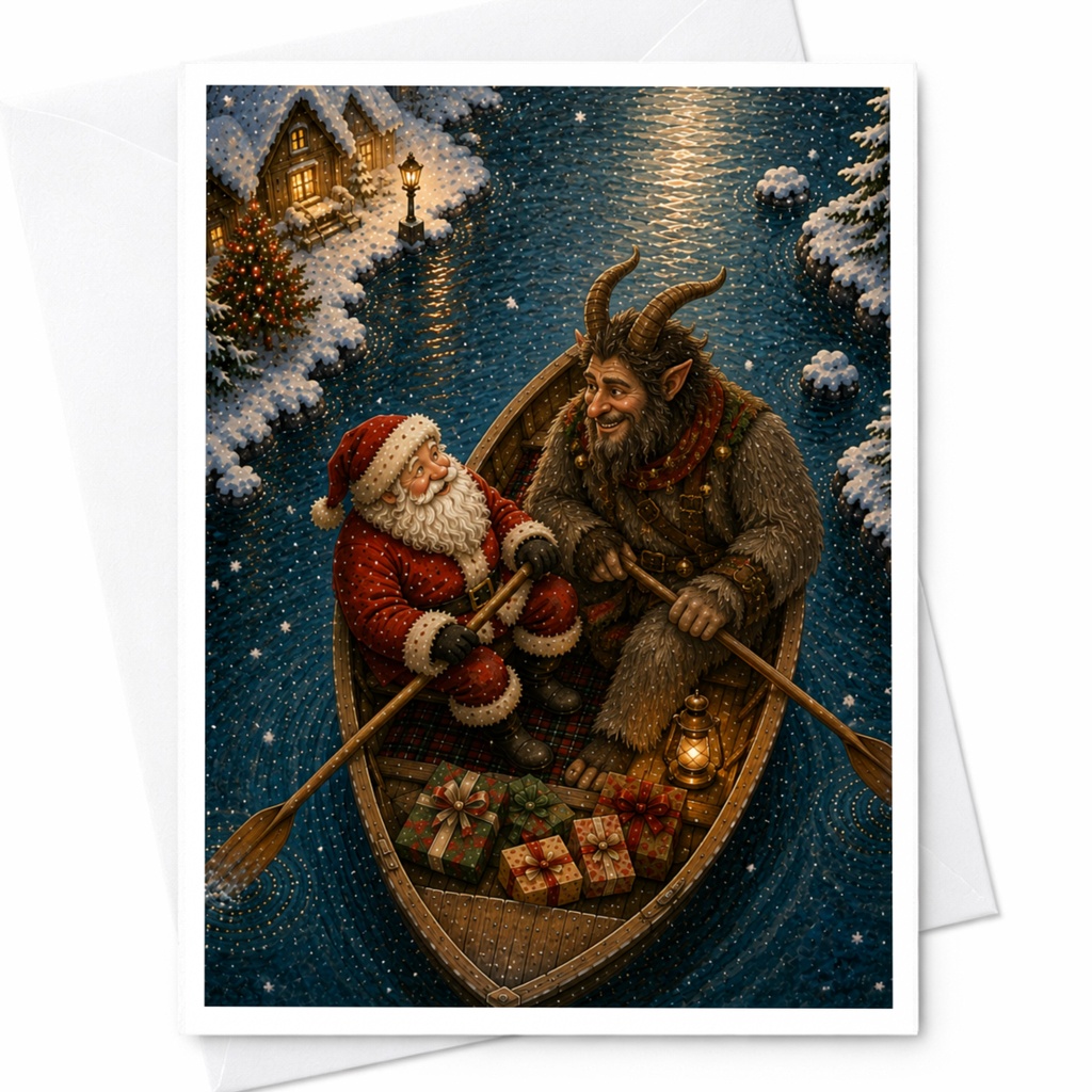Santa And Krampus Christmas Card Festive Holiday Greeting Card Winter Scene For Christmas Lovers Unique Seasonal Card C6937