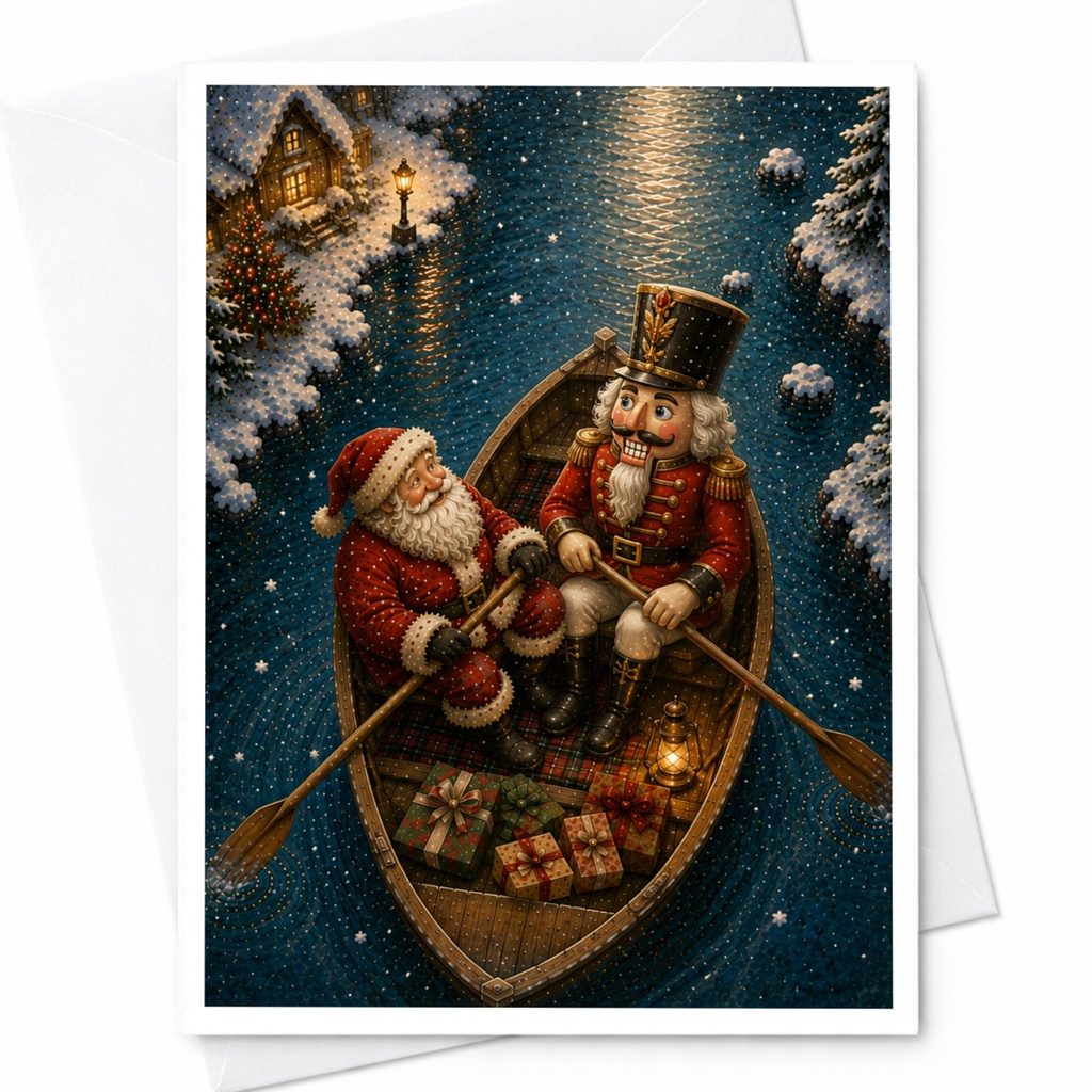 Santa And Nutcracker Christmas Card Festive Holiday Greeting Card Winter Scene For Family Cute Seasonal Illustration C6939