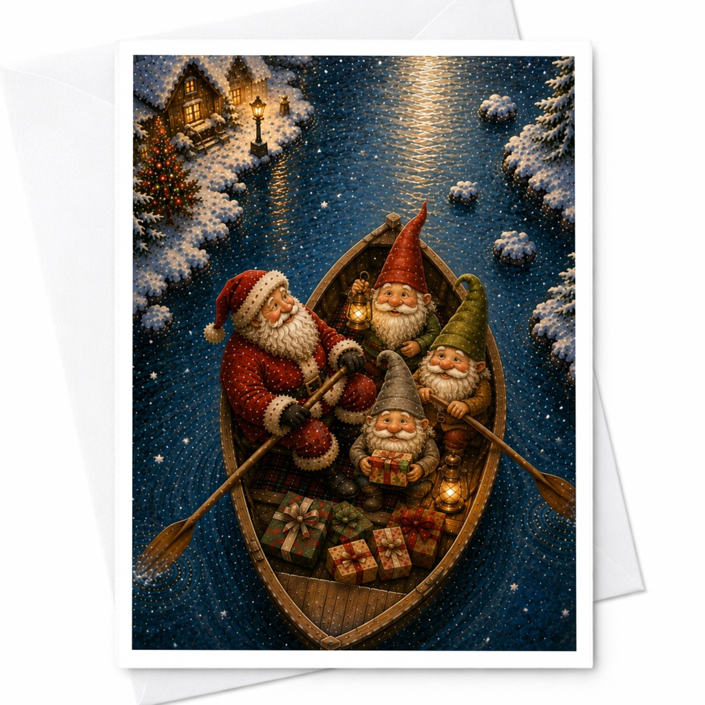 Santa And Elves Christmas Card Festive Holiday Greeting Card Cute Santa Claus And Gnomes In Boat With Gifts Winter Scene C6940