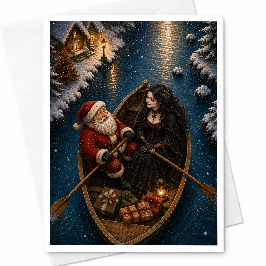 Santa And Woman Christmas Card Festive Holiday Greeting Card Winter Scene With Gifts Cozy Cottage Illustration For Her C6943
