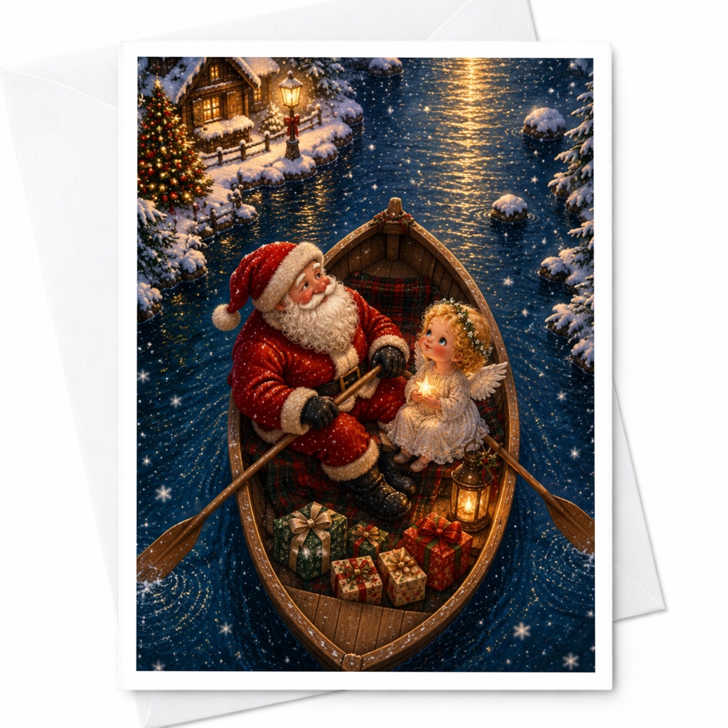 Santa And Angel Christmas Card Festive Holiday Greeting Card Cute Santa Claus With Gifts Winter Scene For Family C6944