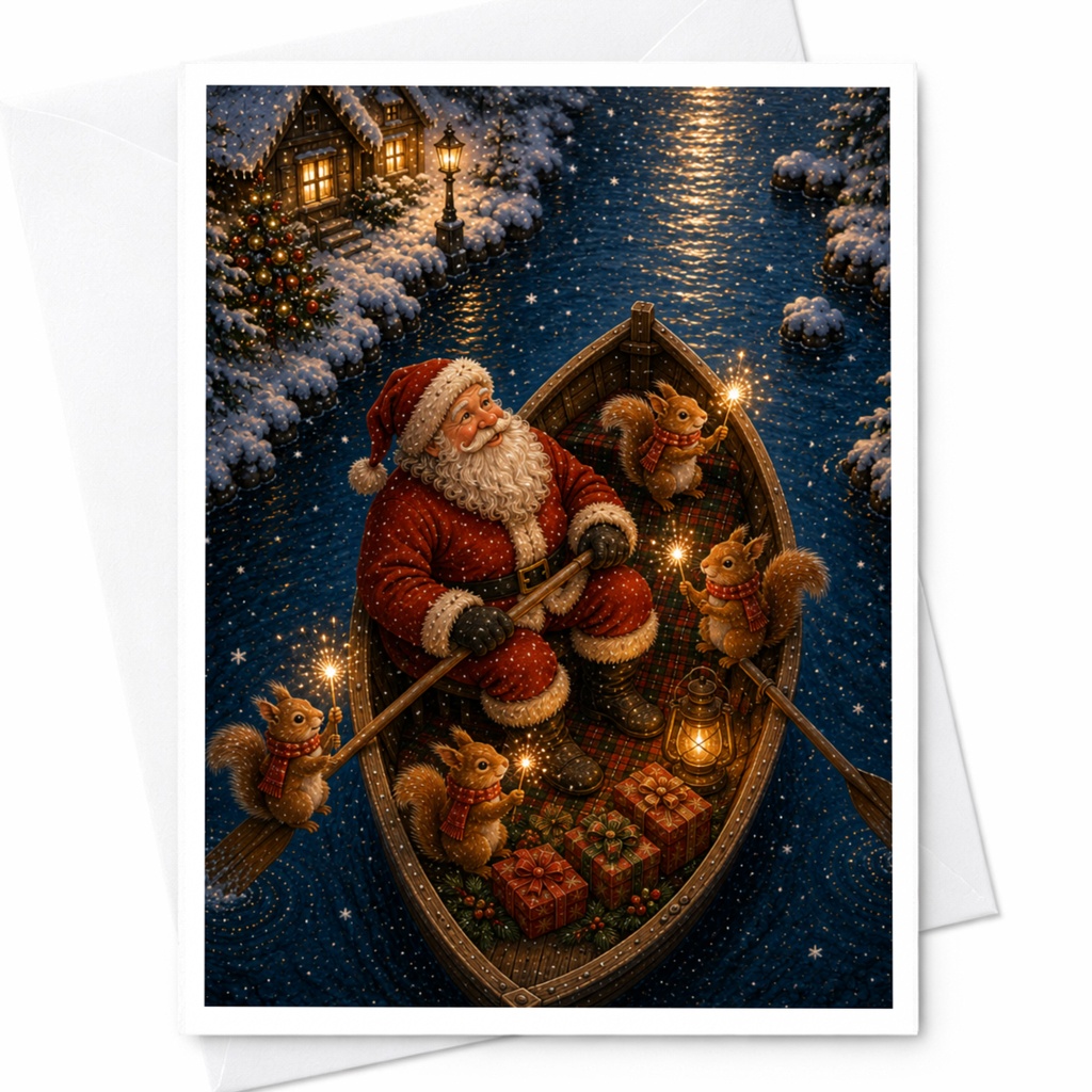 Santa With Squirrels Christmas Card Festive Holiday Greeting Card Cute Santa Claus Illustration Winter Scene For Family C6948