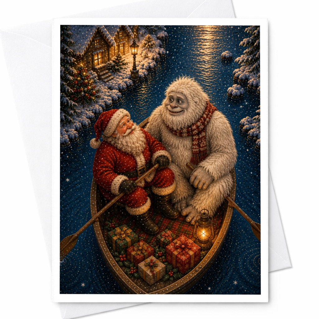 Santa And Yeti Christmas Card Cute Holiday Greeting Card Winter Scene For Friends Family Festive Illustration C6953