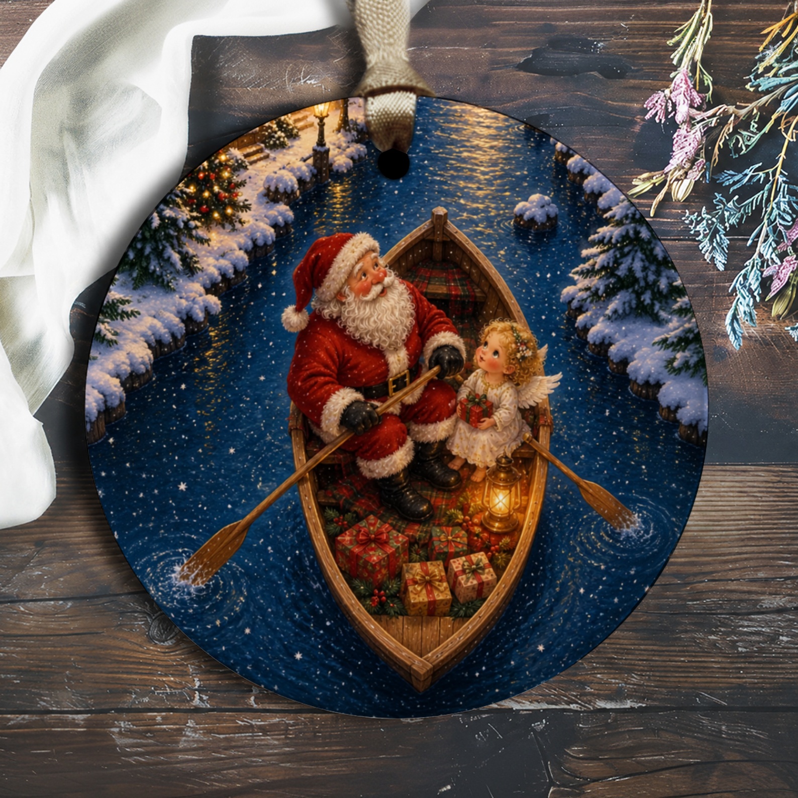 Santa And Angel Christmas Ornament Festive Holiday Decor Winter Wonderland Scene Gift Giving Decoration O2648
