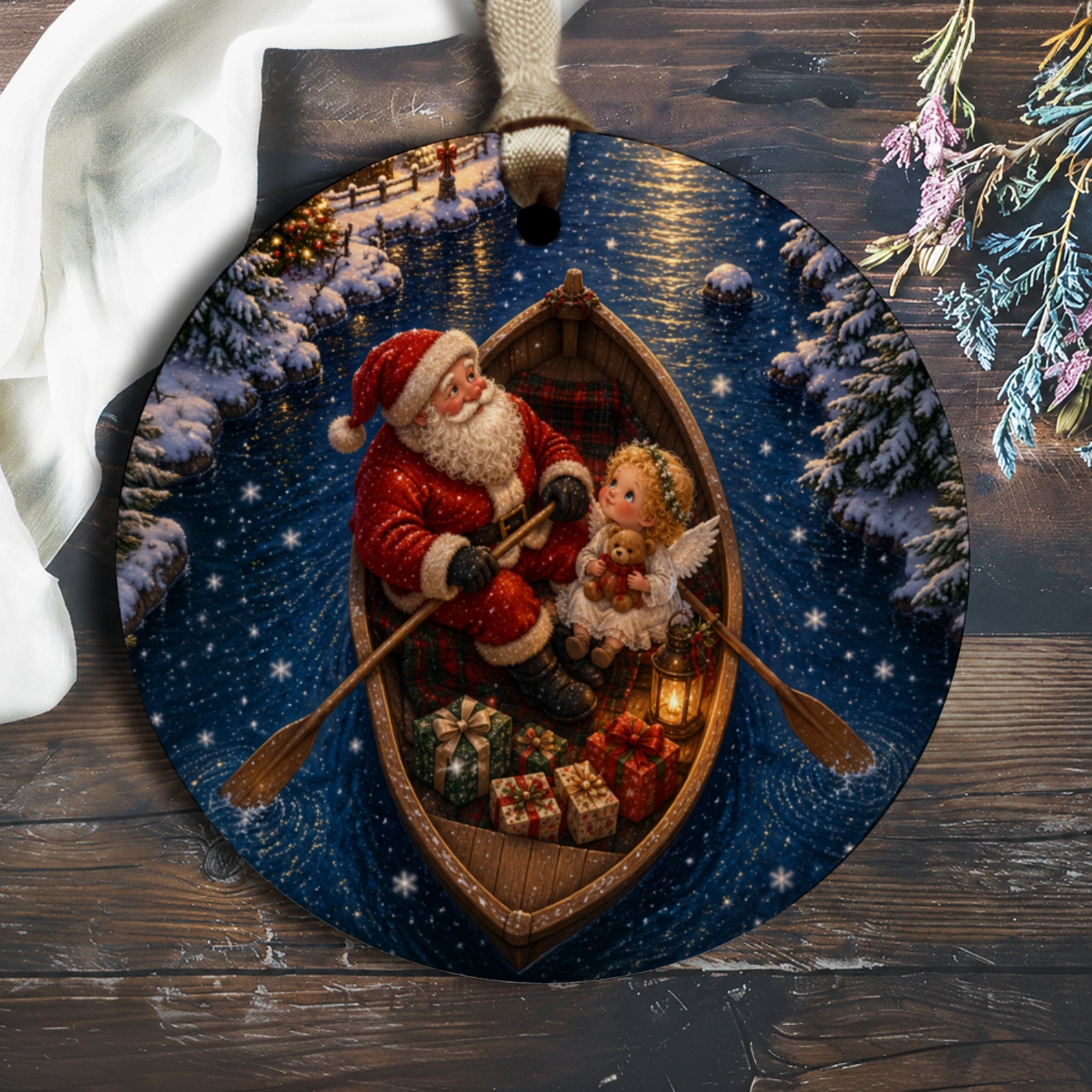 Santa And Angel Christmas Ornament Festive Holiday Decor Winter Wonderland Scene Gift Idea For Christmas Tree Decoration O2649