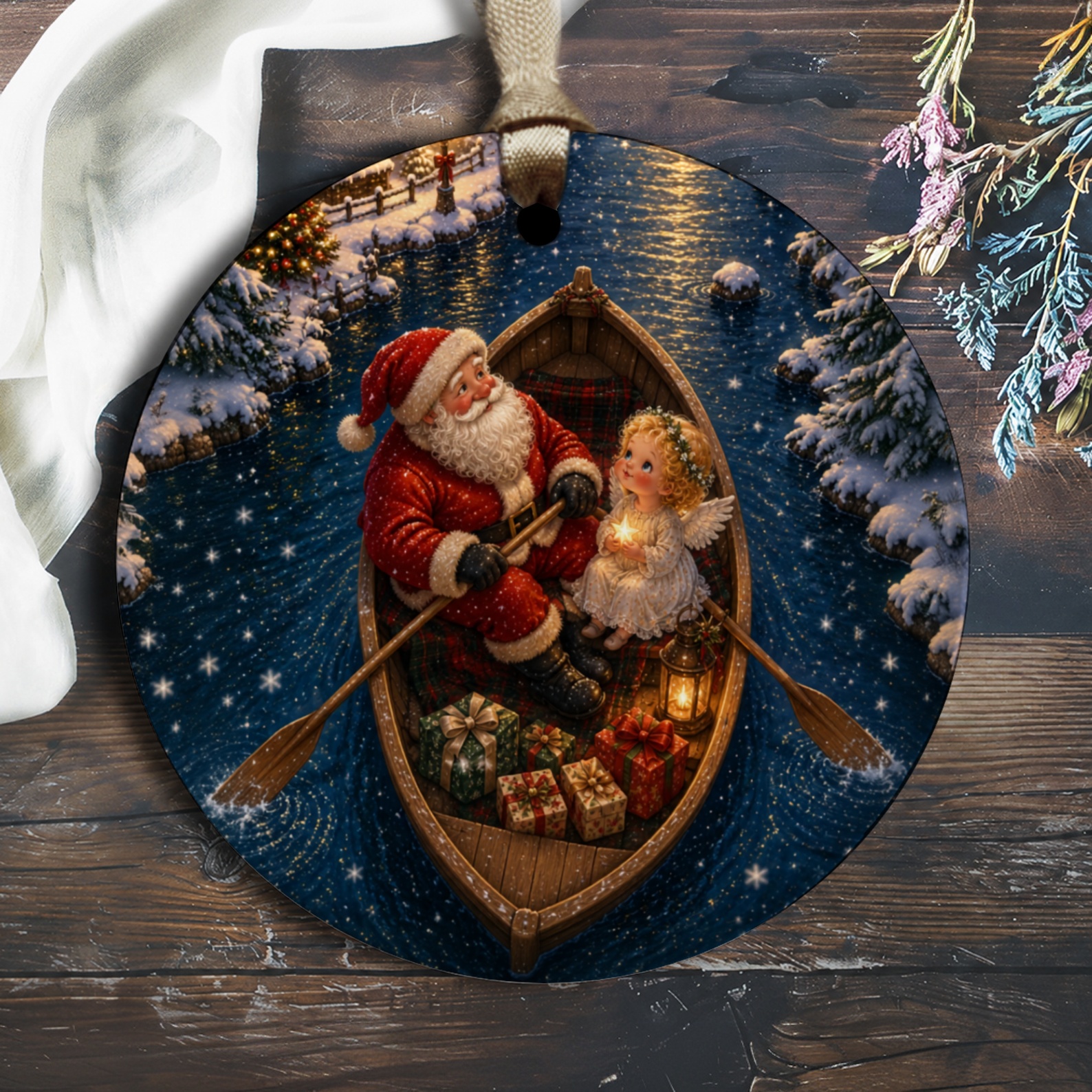 Santa And Angel Christmas Ornament Festive Holiday Decor Winter Wonderland Scene Gift Giving Decoration O2650