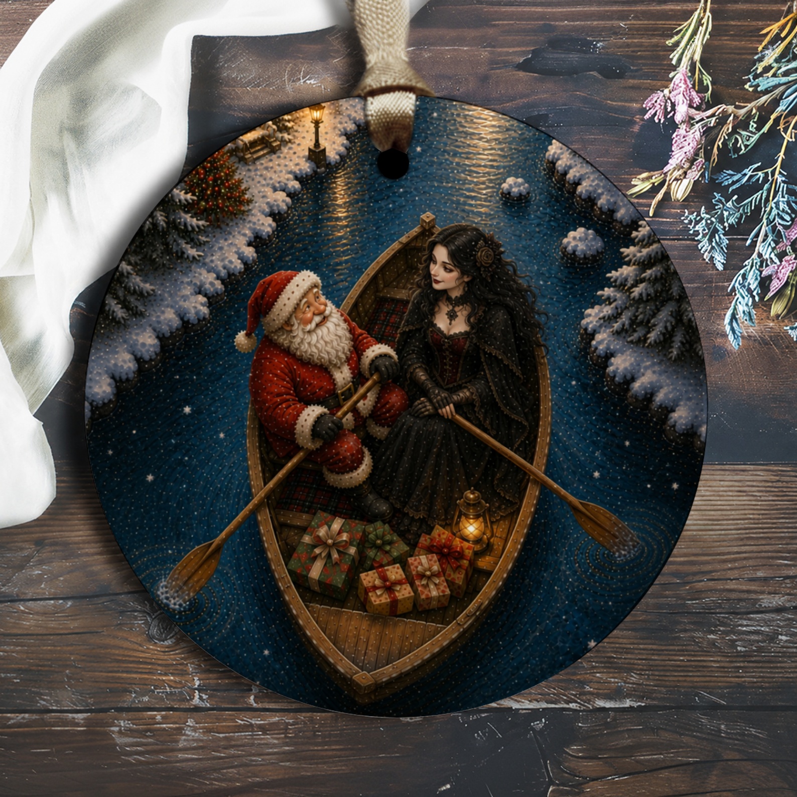Santa And Gothic Woman Christmas Ornament Holiday Decor Unique Winter Scene Gift Idea Festive Home Decoration O2651