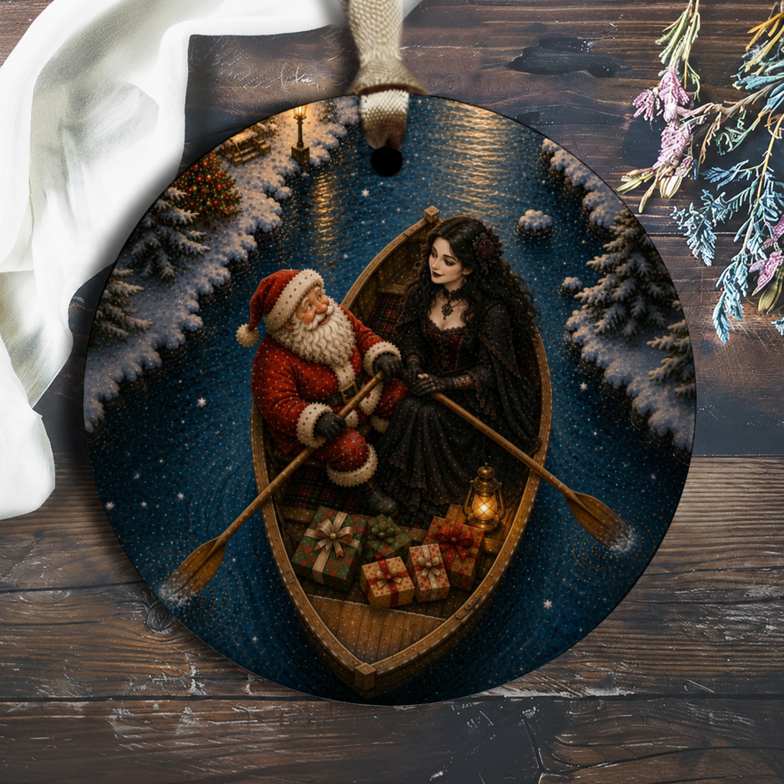 Santa And Gothic Woman Christmas Ornament Romantic Holiday Decor Winter Scene With Gifts Snowy Night O2652