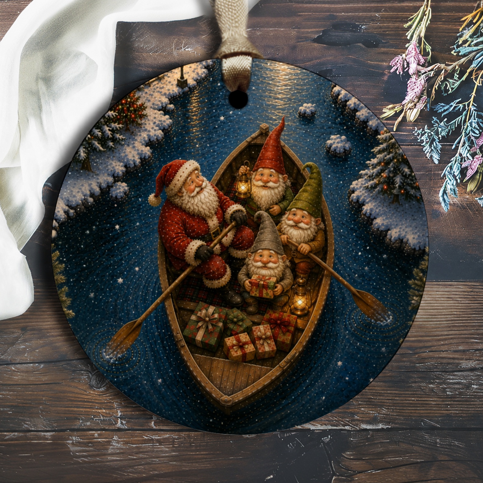 Santa And Elves Christmas Ornament Festive Holiday Decor Winter Wonderland Scene Gift Giving Decoration O2654