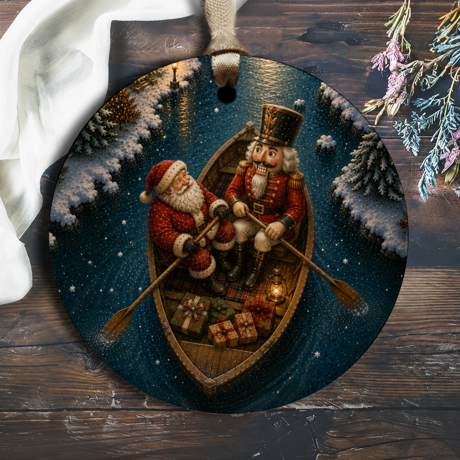 Santa And Nutcracker Christmas Ornament Festive Holiday Decor Winter Wonderland Scene Gift Collectible O2655