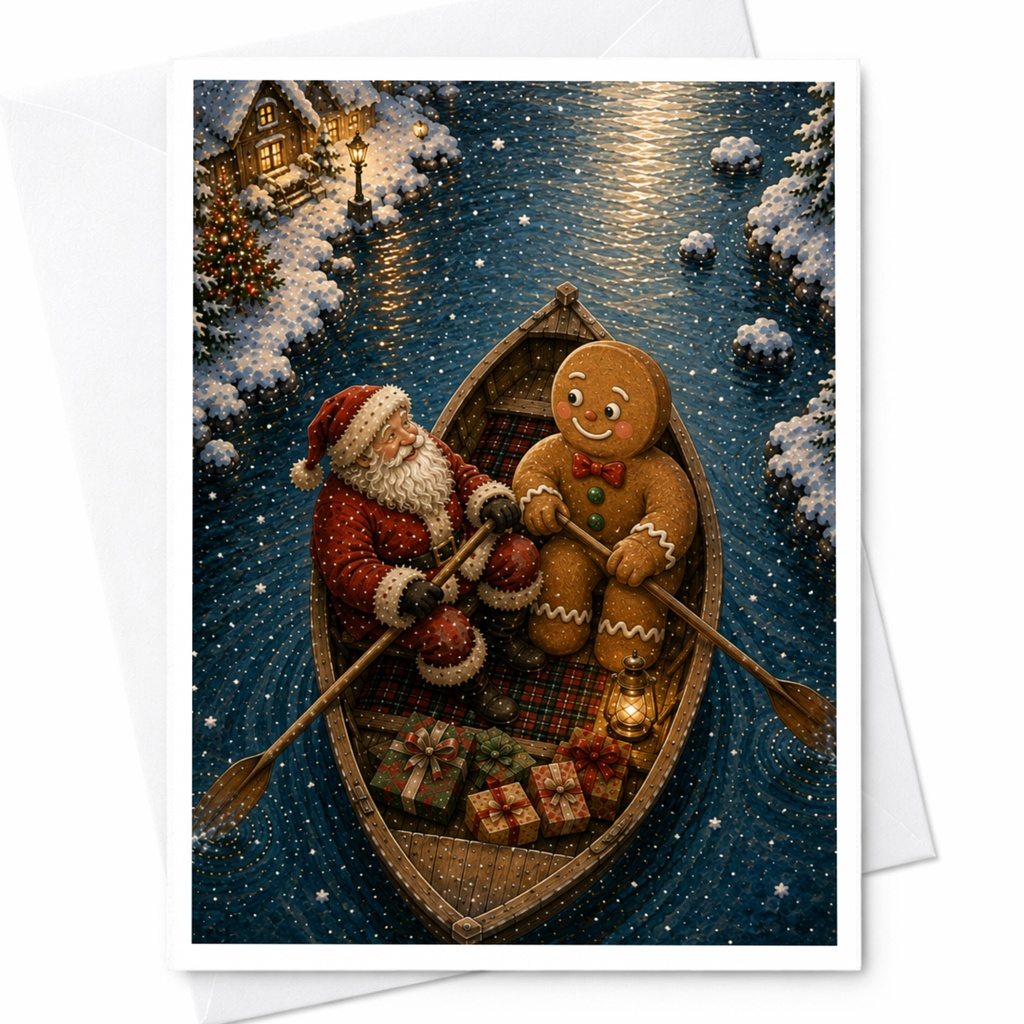 Santa And Gingerbread Man Christmas Card Festive Holiday Greeting Card Cute Winter Scene For Family Friends C6934