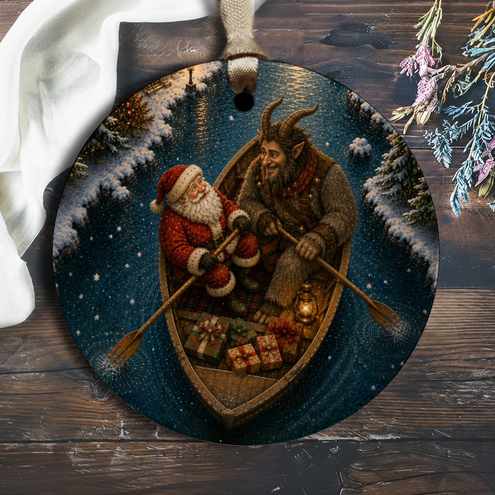 Santa And Krampus Christmas Ornament Holiday Decor Festive Winter Scene Unique Gift For Christmas Tree Decoration O2657