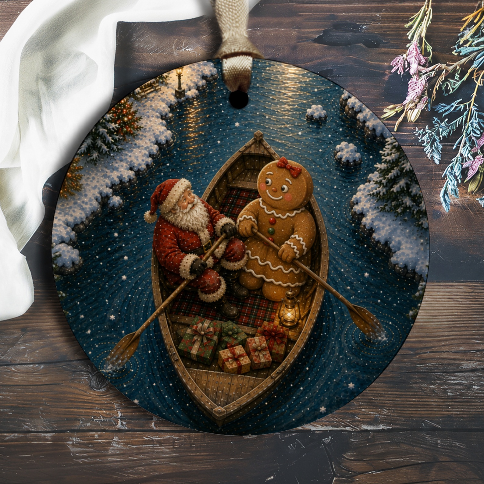 Santa And Gingerbread Man Christmas Ornament Festive Holiday Decor Cute Winter Scene Hanging Decoration Gift O2659
