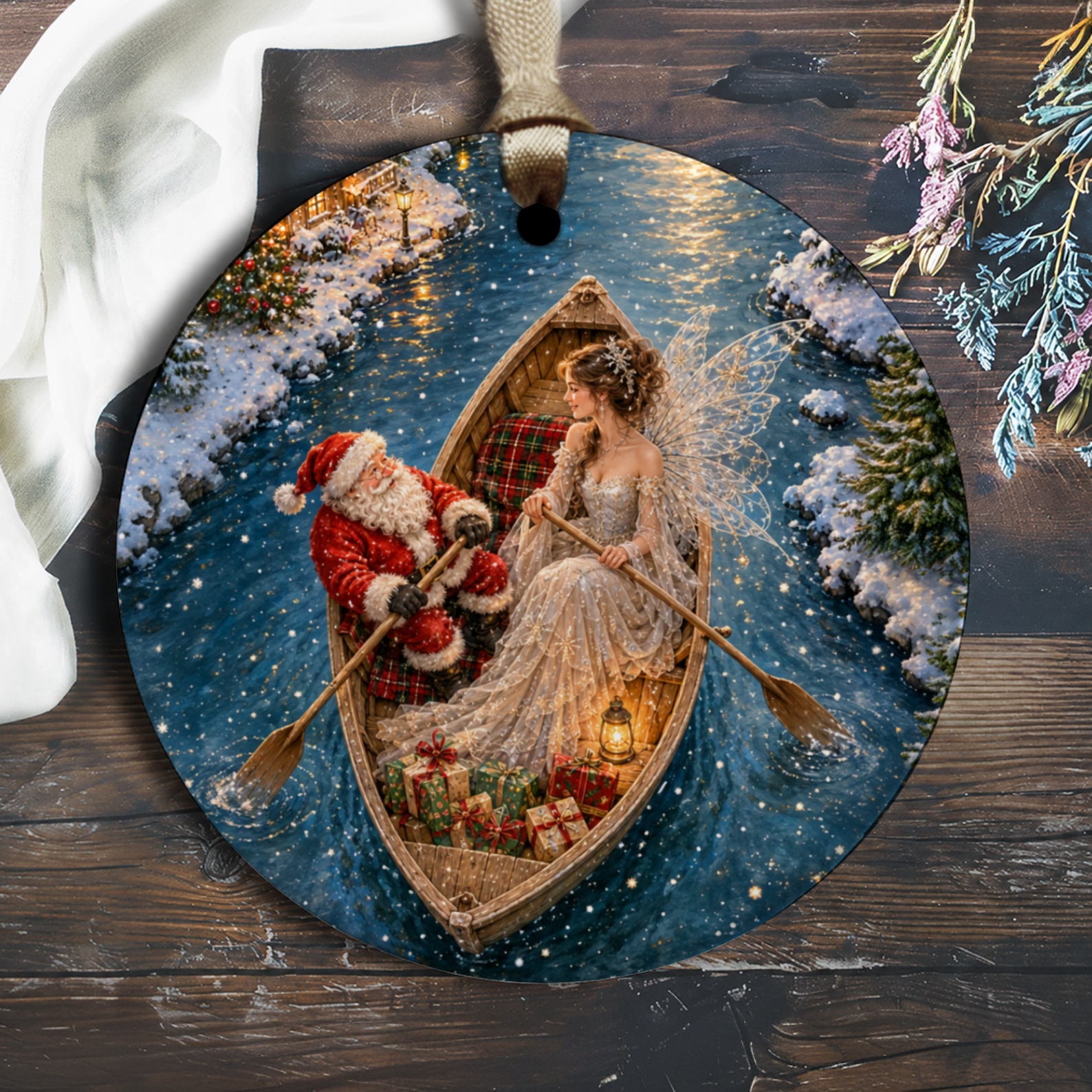 Santa And Fairy Christmas Ornament Magical Winter Scene Holiday Decor Gift For Her Festive Home Decoration Snowy River O2661