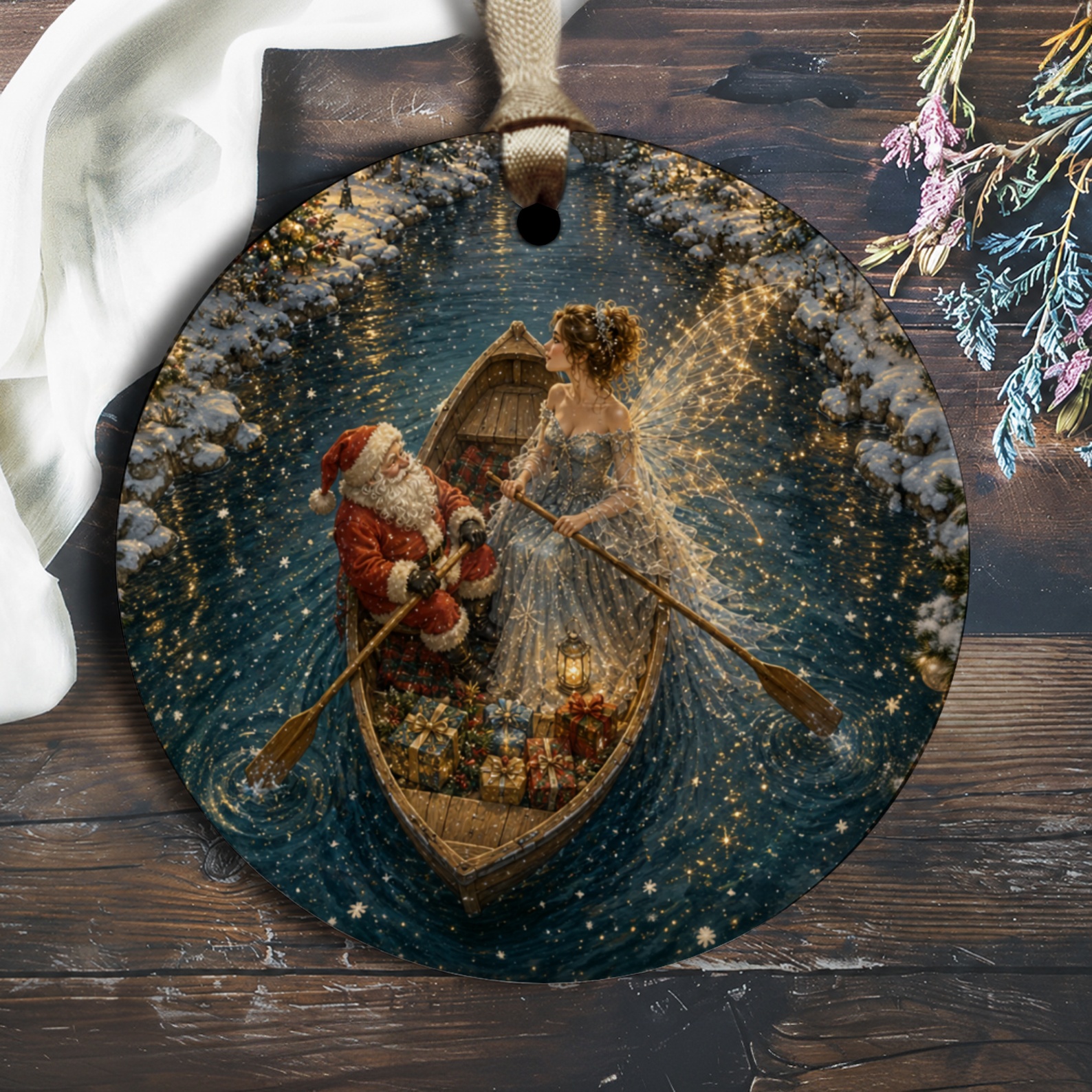 Santa And Fairy Christmas Ornament Magical Holiday Decor Winter Wonderland Scene Festive Gift Idea For Christmas Tree O2662