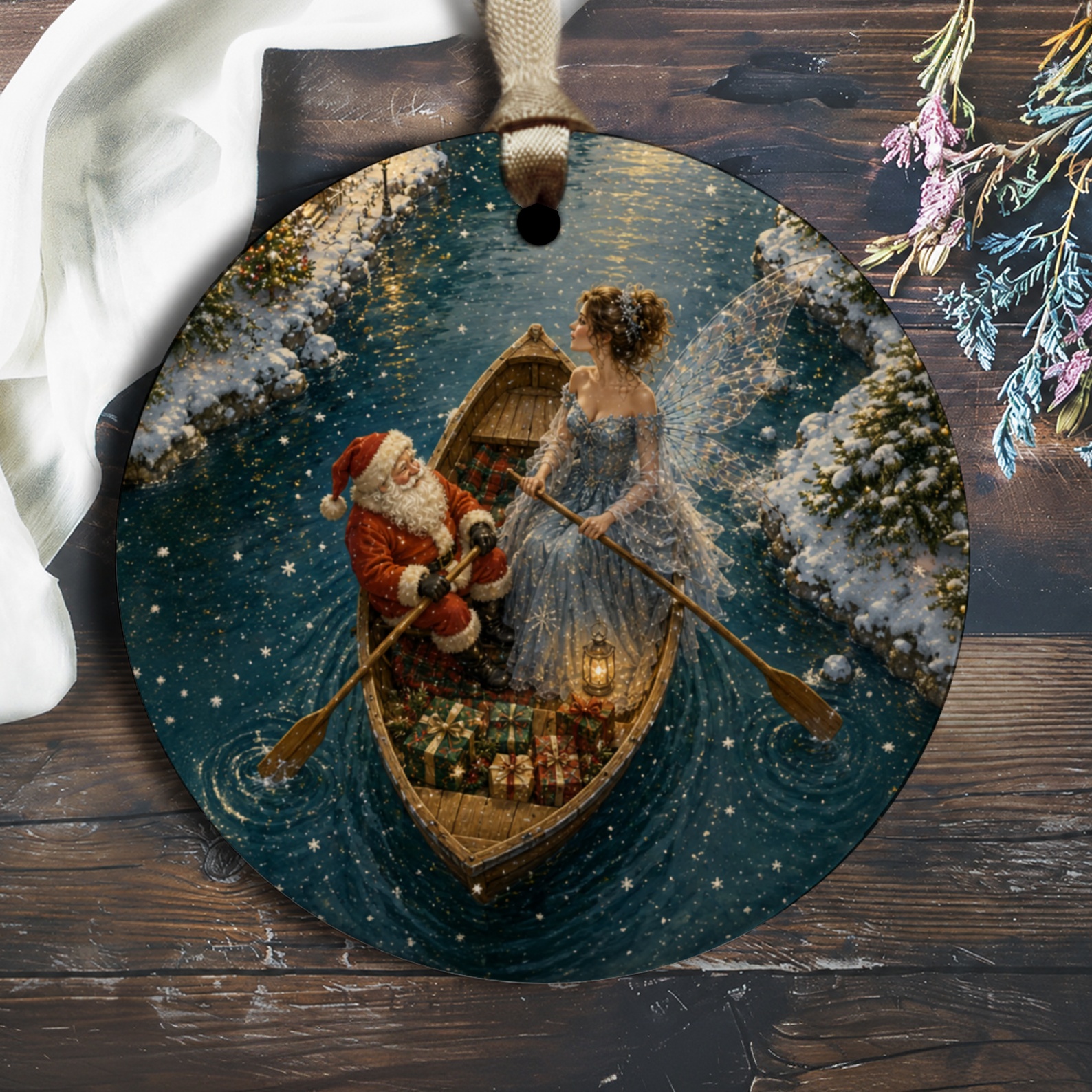 Santa And Fairy Christmas Ornament Magical Holiday Decor Winter Wonderland Scene Festive Gift Idea For Christmas Tree O2663