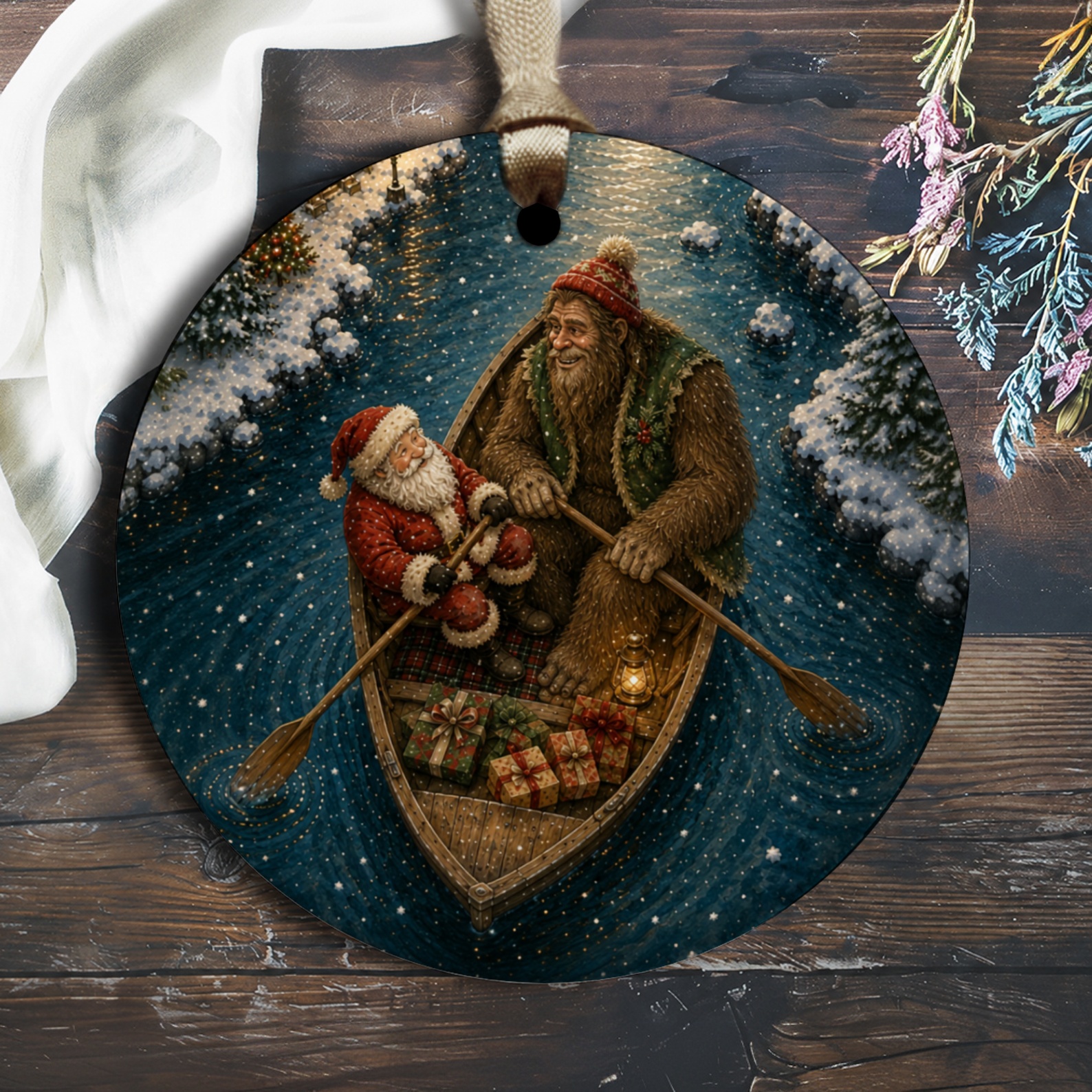 Santa And Bigfoot Christmas Ornament Holiday Decor Winter Scene Festive Gift Unique Tree Decoration For Christmas Lovers O2664