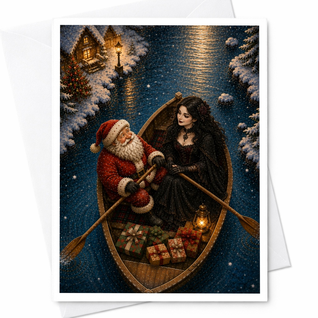 Santa And Woman In Boat Christmas Card Festive Holiday Greeting Card Winter Scene With Gifts For Her Seasonal Celebration C6942