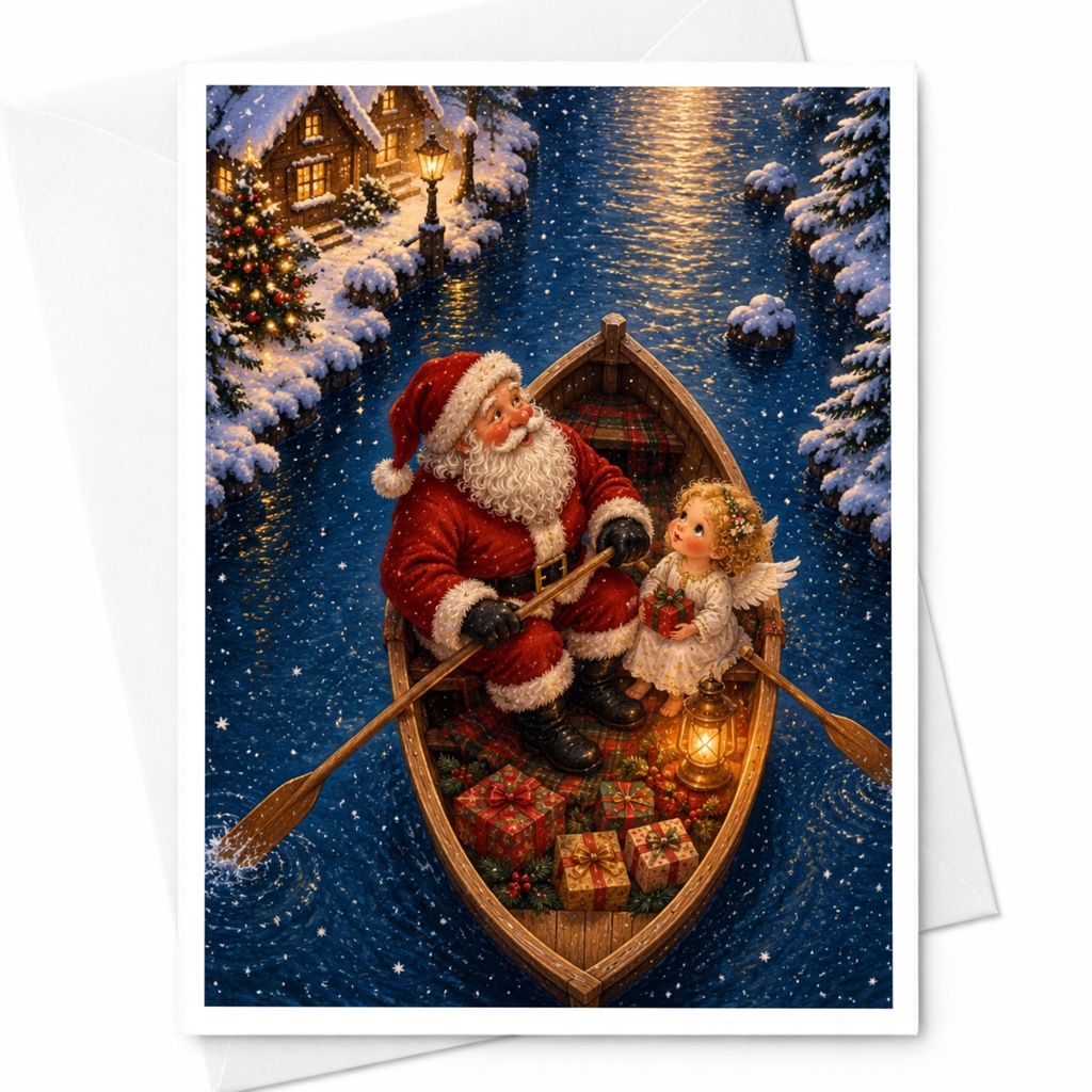 Santa And Angel Christmas Card Festive Holiday Greeting Card Winter Scene For Family Cute Santa Claus Card With Gifts C6946