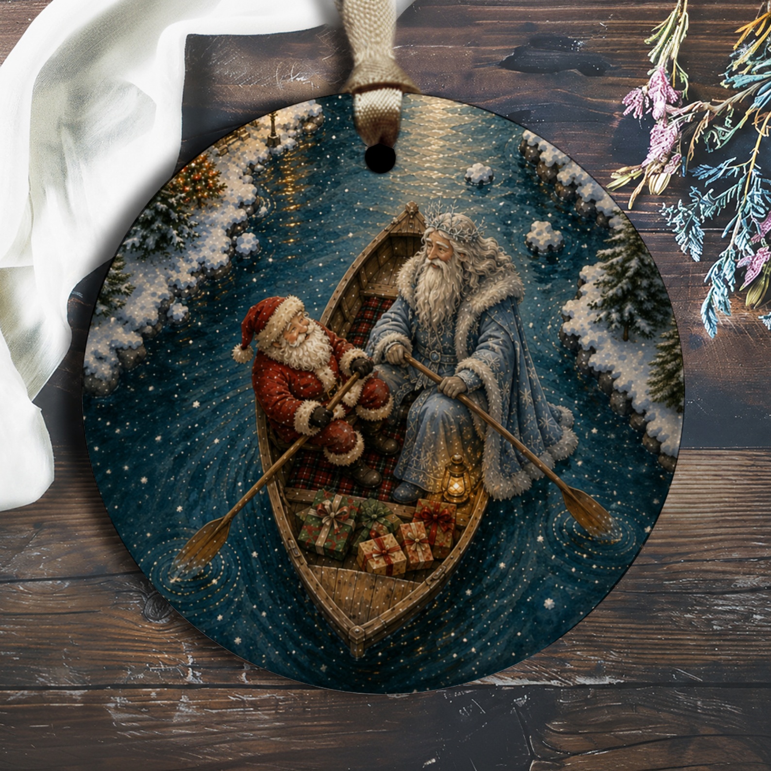 Santa And Winter Spirit Christmas Ornament Festive Holiday Decor Snowy Scene Gift Giving Magical Winter Wonderland O2670