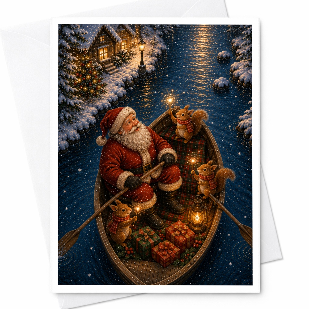 Santa Christmas Card Festive Holiday Greeting Card Cute Santa With Squirrels And Gifts Winter Wonderland Scene For Family C6949