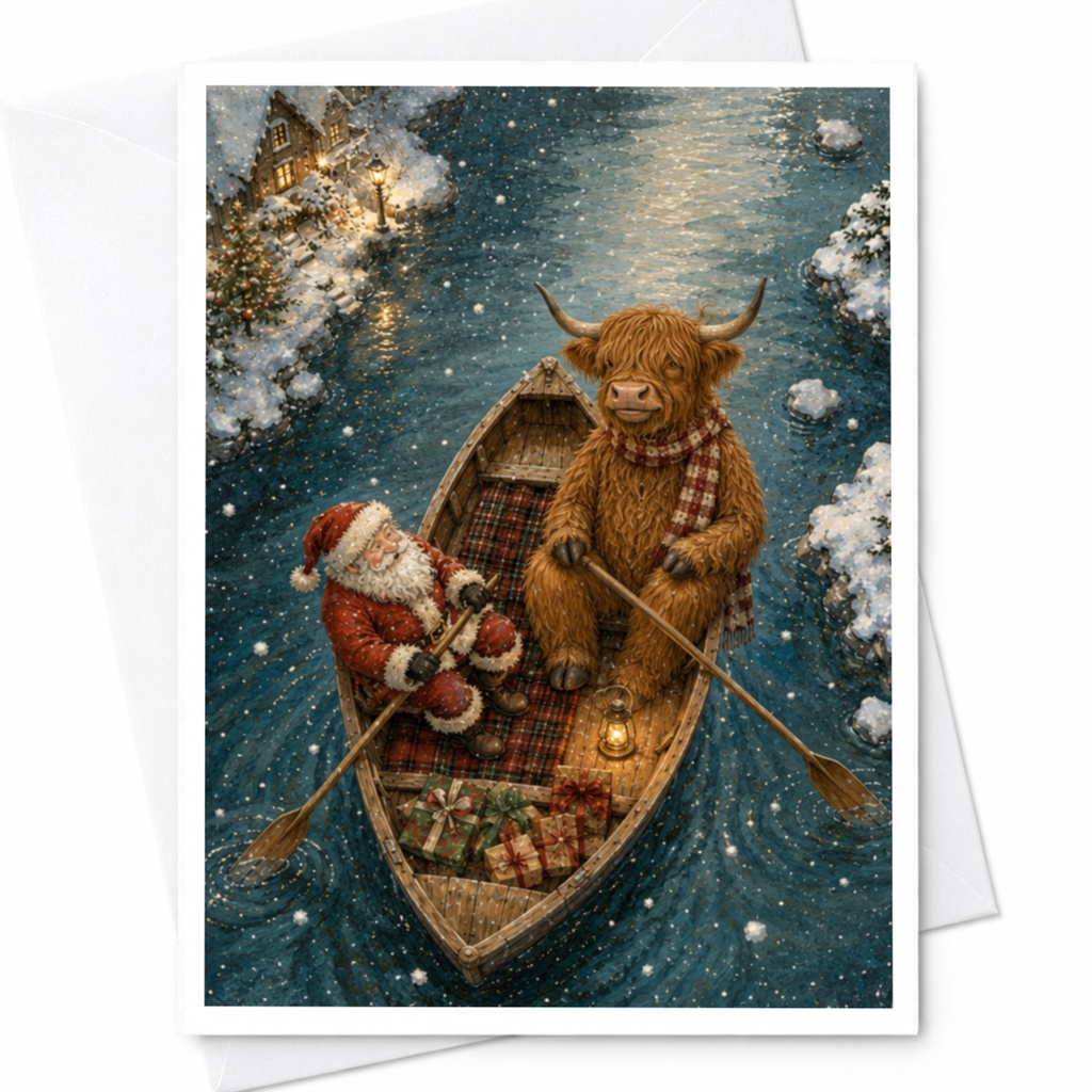 Santa And Highland Cow Christmas Card Cute Holiday Greeting Card Winter Scene For Animal Lover Festive Season Card C6950