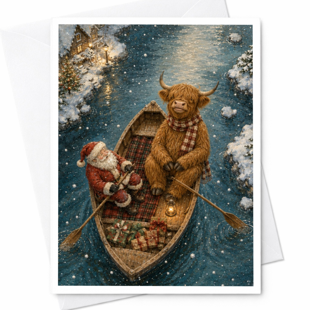 Santa And Highland Cow Christmas Card Cute Holiday Greeting Card Winter Scene For Animal Lover Festive Season Card C6951