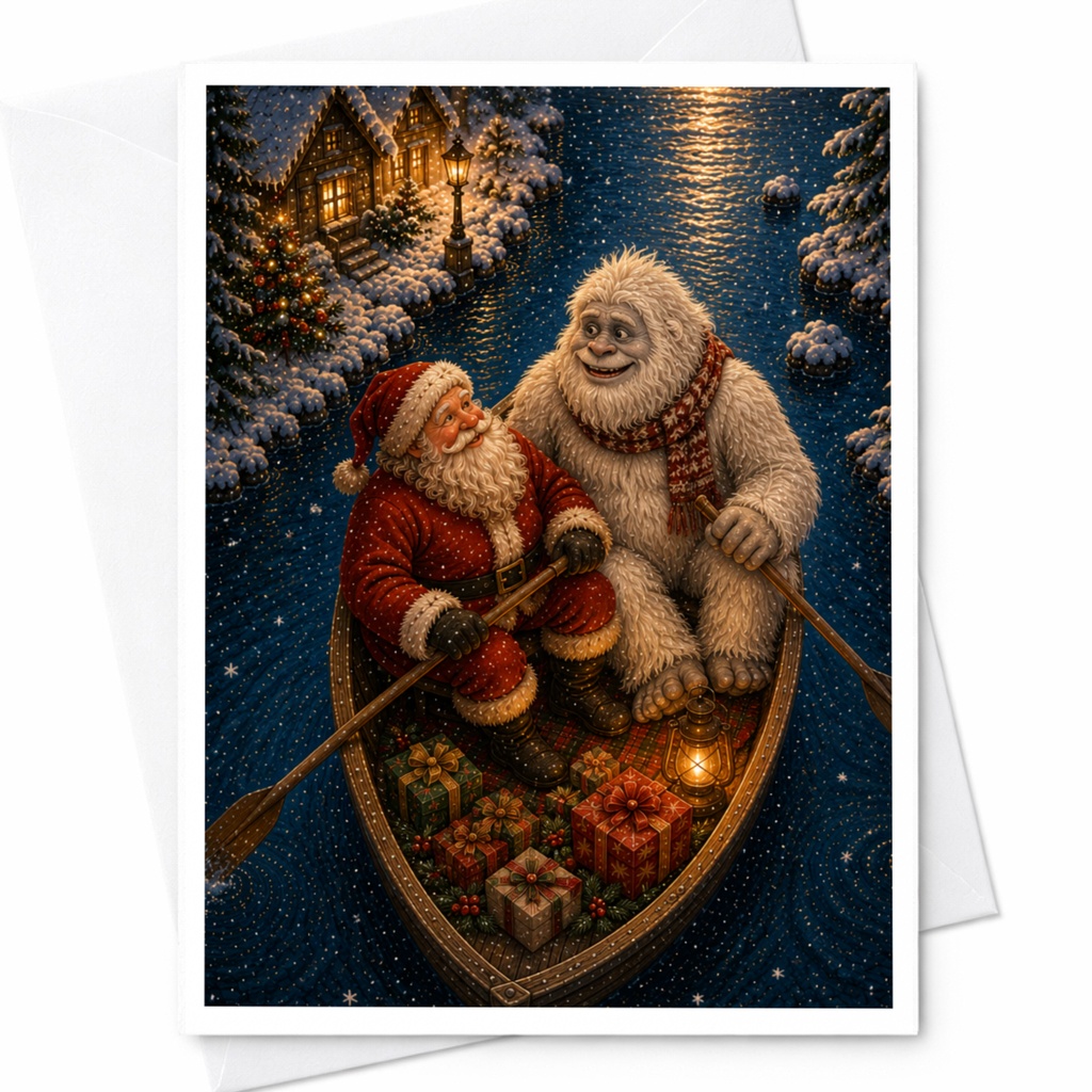 Santa And Yeti Christmas Card Festive Holiday Greeting Card Cute Winter Scene For Friends Family Seasonal Celebration C6952