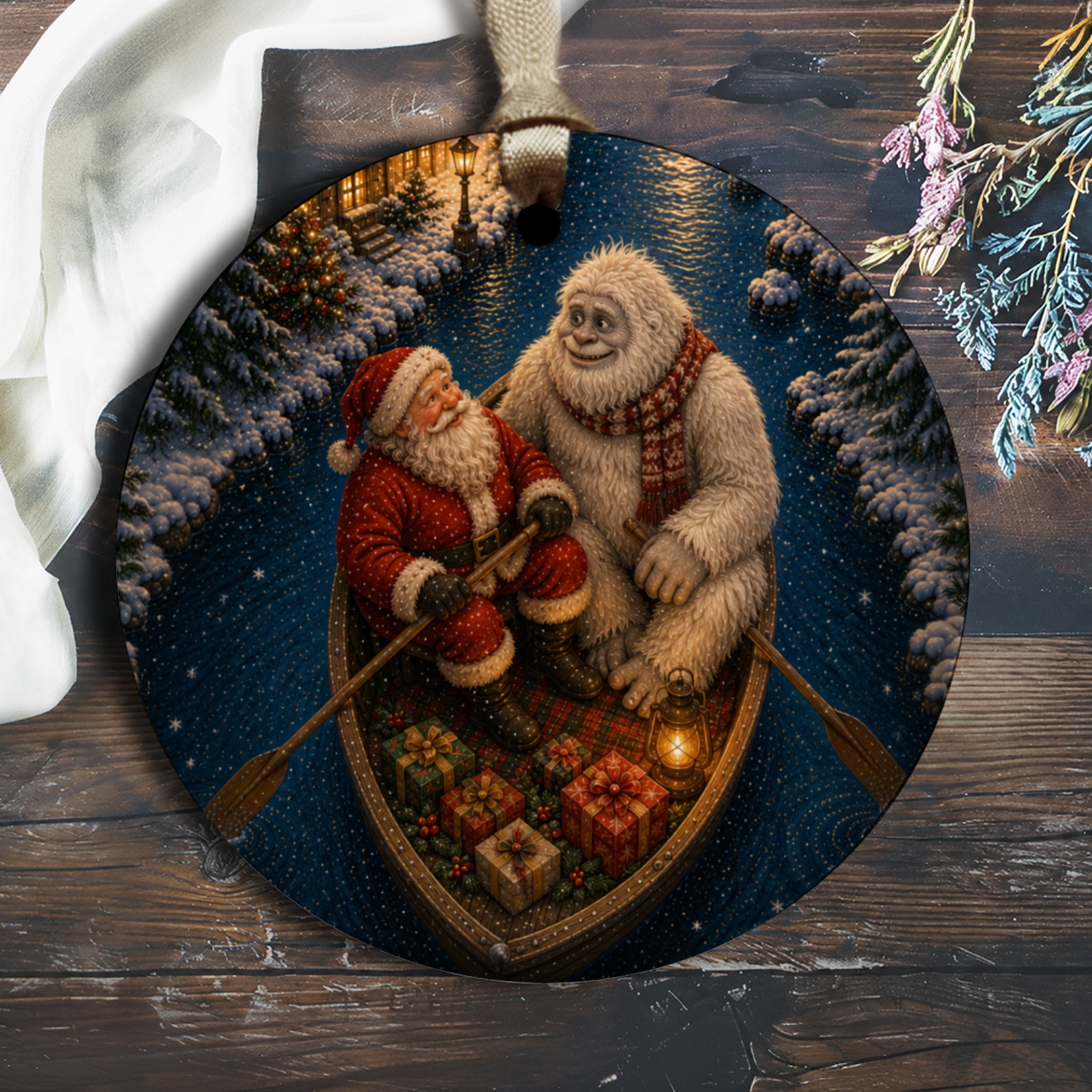 Santa And Yeti Christmas Ornament Holiday Decor Festive Winter Scene Unique Gift Idea For Christmas Tree Decoration O2642