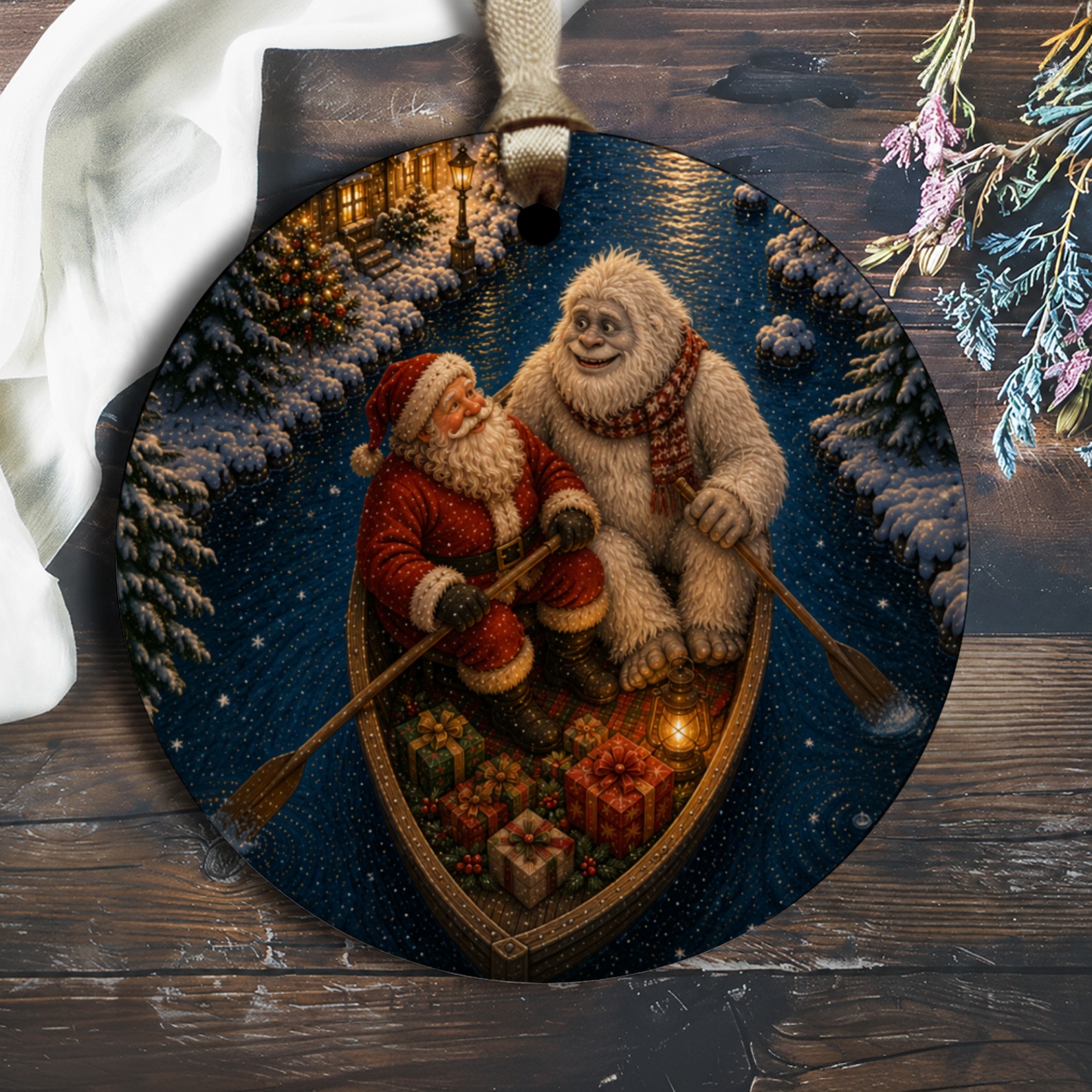 Santa And Yeti Christmas Ornament Festive Holiday Decor Winter Wonderland Scene Cute Gift Idea For Christmas Tree O2643