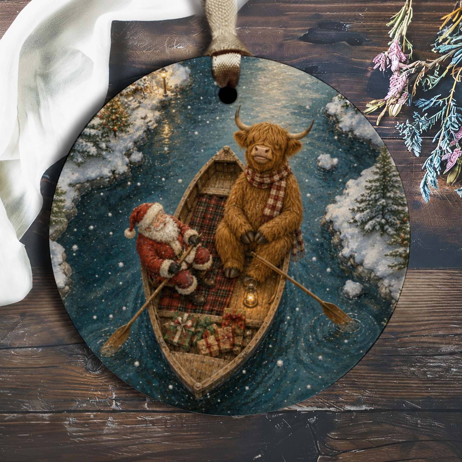 Santa And Highland Cow Christmas Ornament Winter Scene Holiday Decor Cute Animal Ornament For Christmas Tree O2644