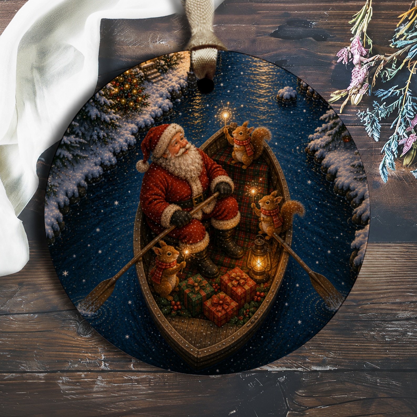 Santa Rowing Boat Ornament Christmas Decor Festive Holiday Decoration Cute Squirrel Scene Winter Wonderland Gift O2645