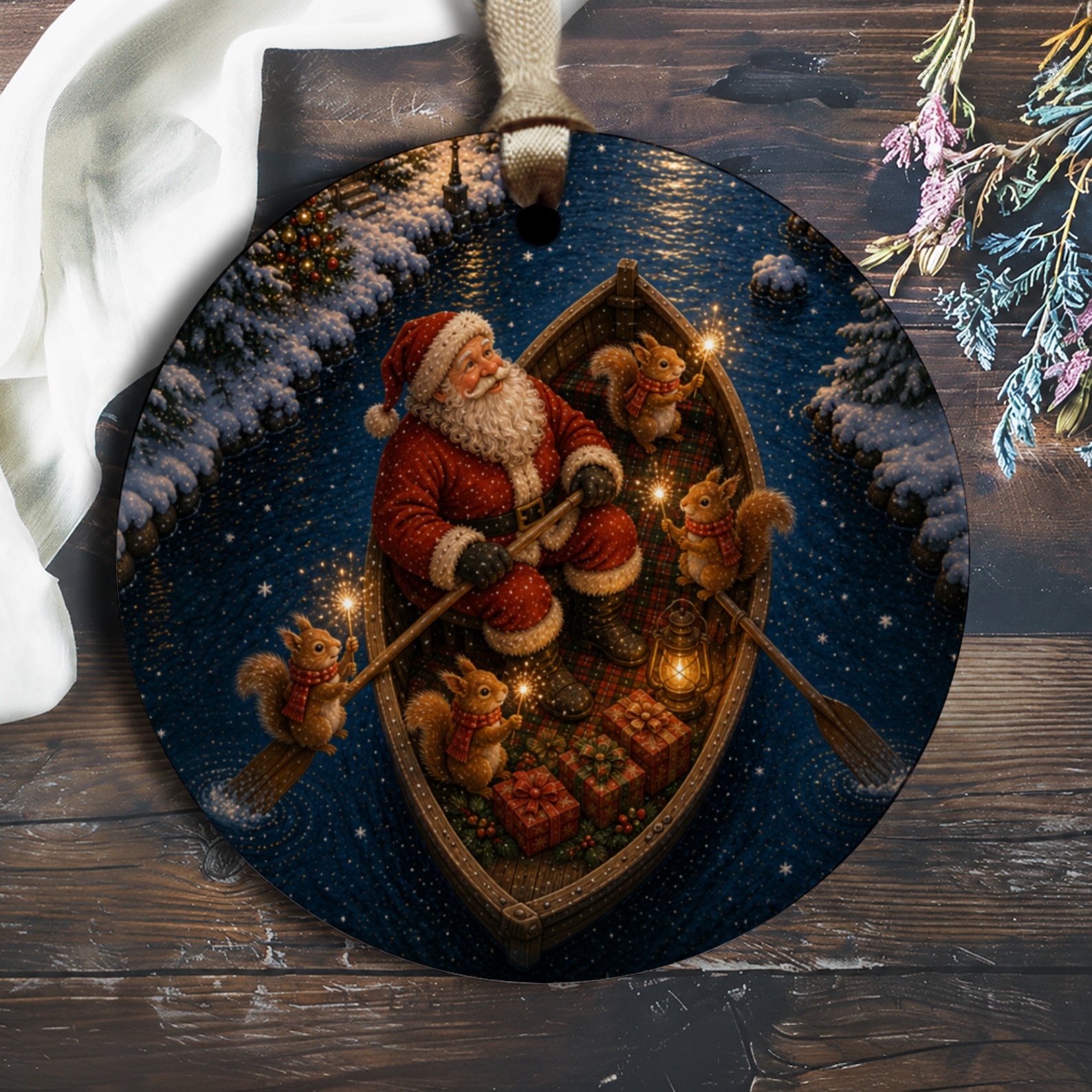 Santa And Squirrels Christmas Ornament Festive Holiday Decor Cute Winter Scene Gift For Animal Lovers O2646