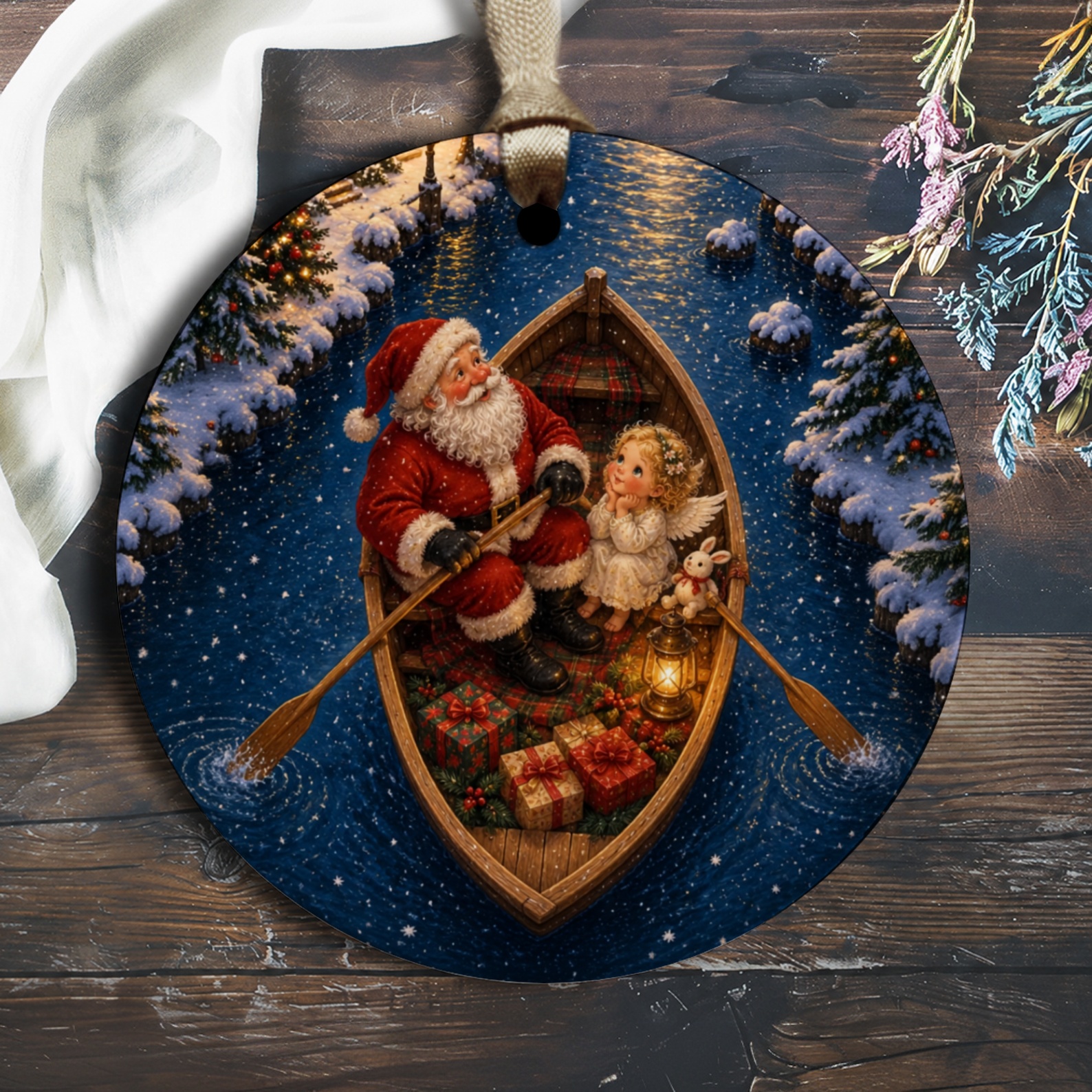 Santa And Angel Christmas Ornament Holiday Decor Festive Tree Decoration Winter Wonderland Scene Gift Idea O2647
