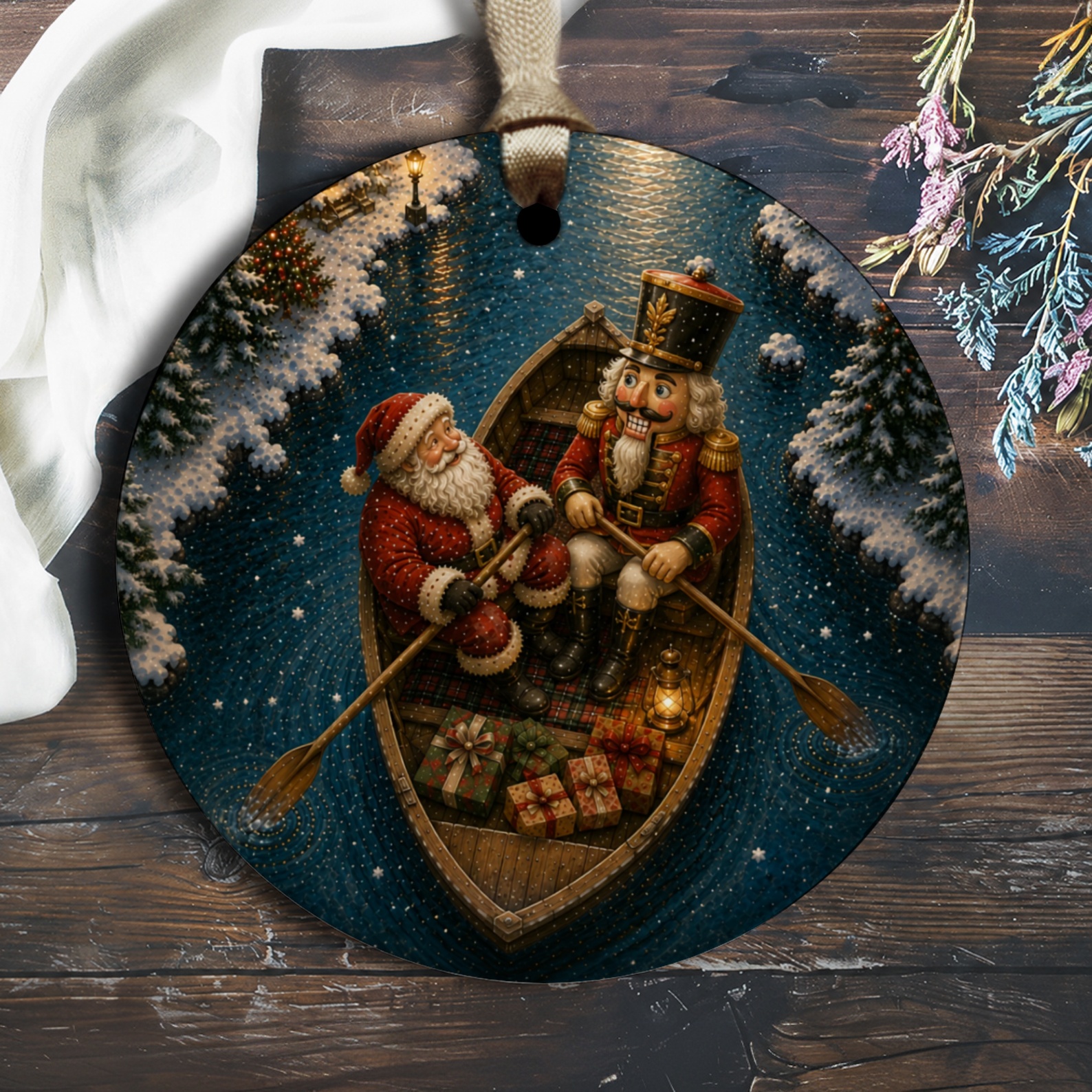 Santa And Nutcracker Christmas Ornament Festive Holiday Decor Winter Wonderland Scene Gift Giving Decoration O2656